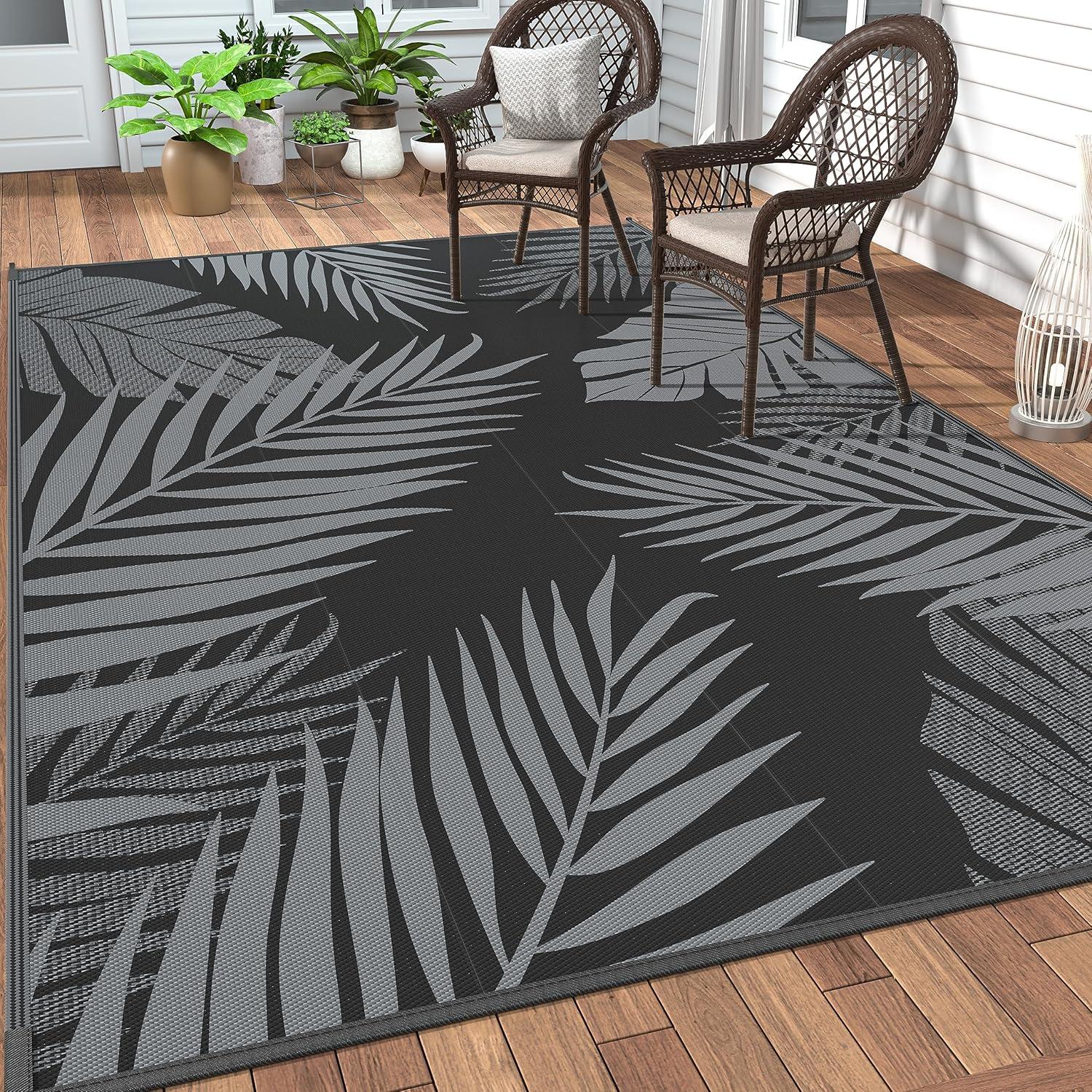 imageGENIMO Outdoor Rug 5 x 8 Waterproof for Patios Clearance Reversible Plastic Straw Camping Carpet Large Area Rugs Mats for RV Picnic Backyard Deck Balcony Porch Beach GreyampampWhiteBlack Grey Waterproof