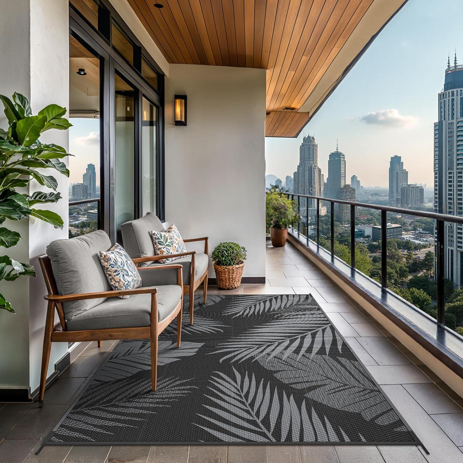 imageGENIMO Outdoor Rug 5 x 8 Waterproof for Patios Clearance Reversible Plastic Straw Camping Carpet Large Area Rugs Mats for RV Picnic Backyard Deck Balcony Porch Beach GreyampampWhiteBlack Grey Waterproof