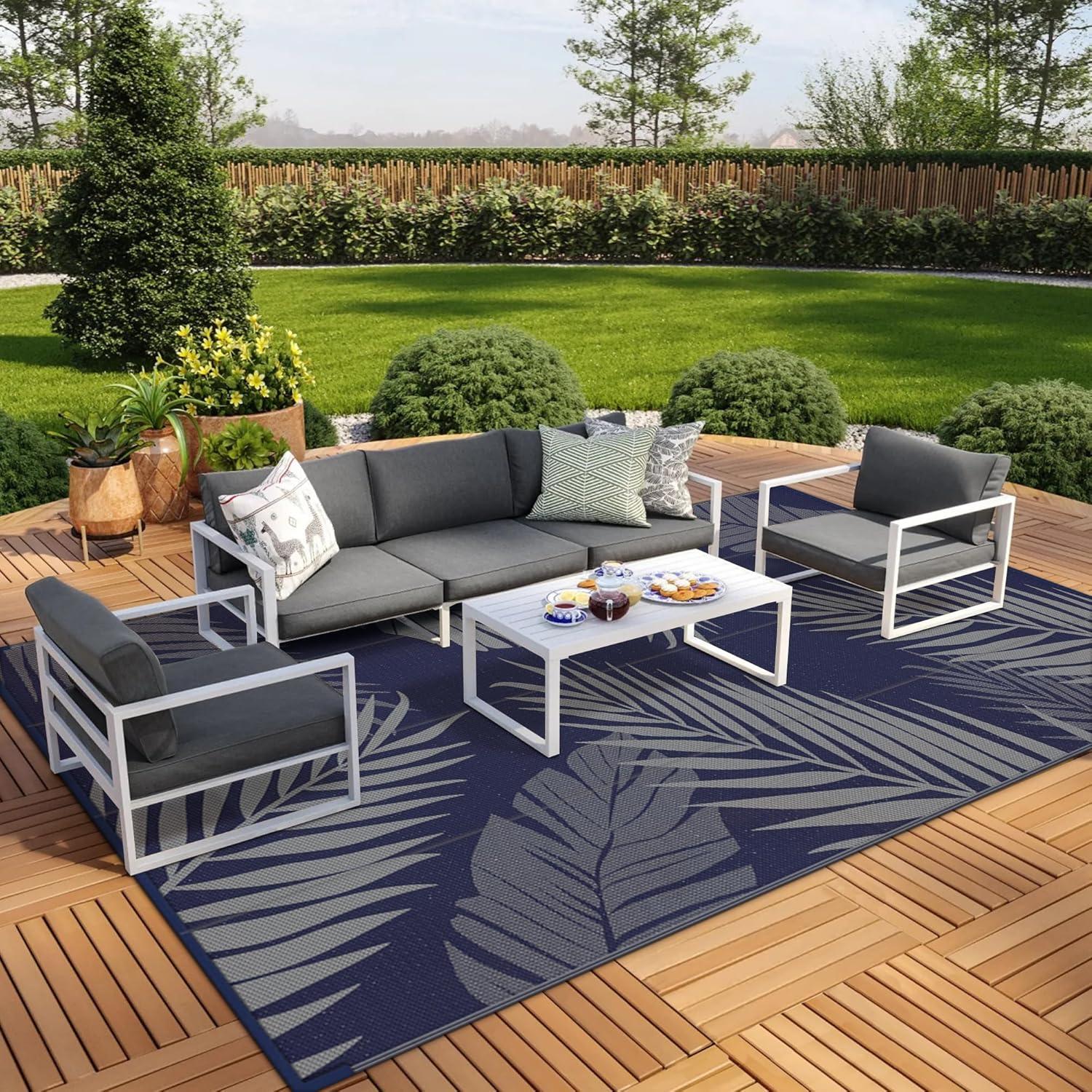 imageGENIMO Outdoor Rug 5 x 8 Waterproof for Patios Clearance Reversible Plastic Straw Camping Carpet Large Area Rugs Mats for RV Picnic Backyard Deck Balcony Porch Beach GreyampampWhiteNavy Blue Grey Waterproof