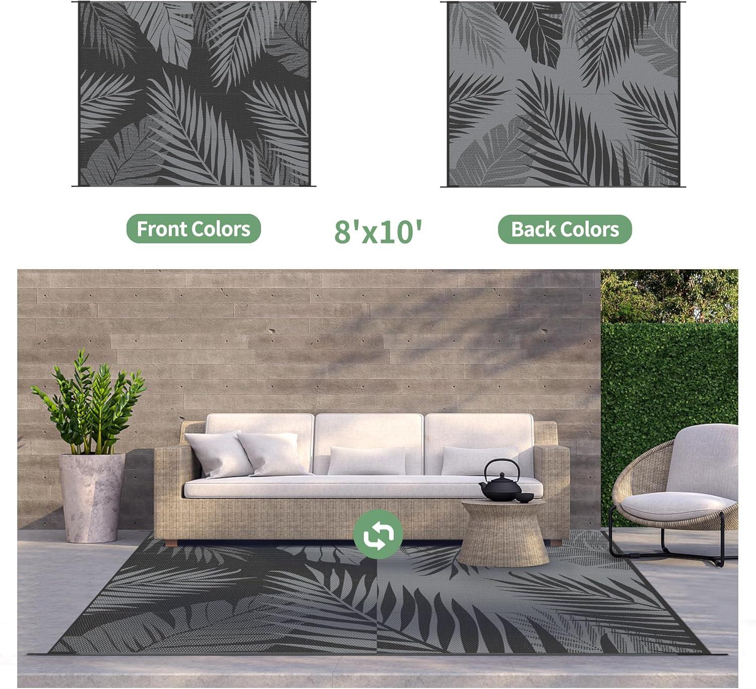 imageGENIMO Outdoor Rug 5 x 8 Waterproof for Patios Clearance Reversible Plastic Straw Camping Carpet Large Area Rugs Mats for RV Picnic Backyard Deck Balcony Porch Beach GreyampampWhiteBlack Grey Waterproof