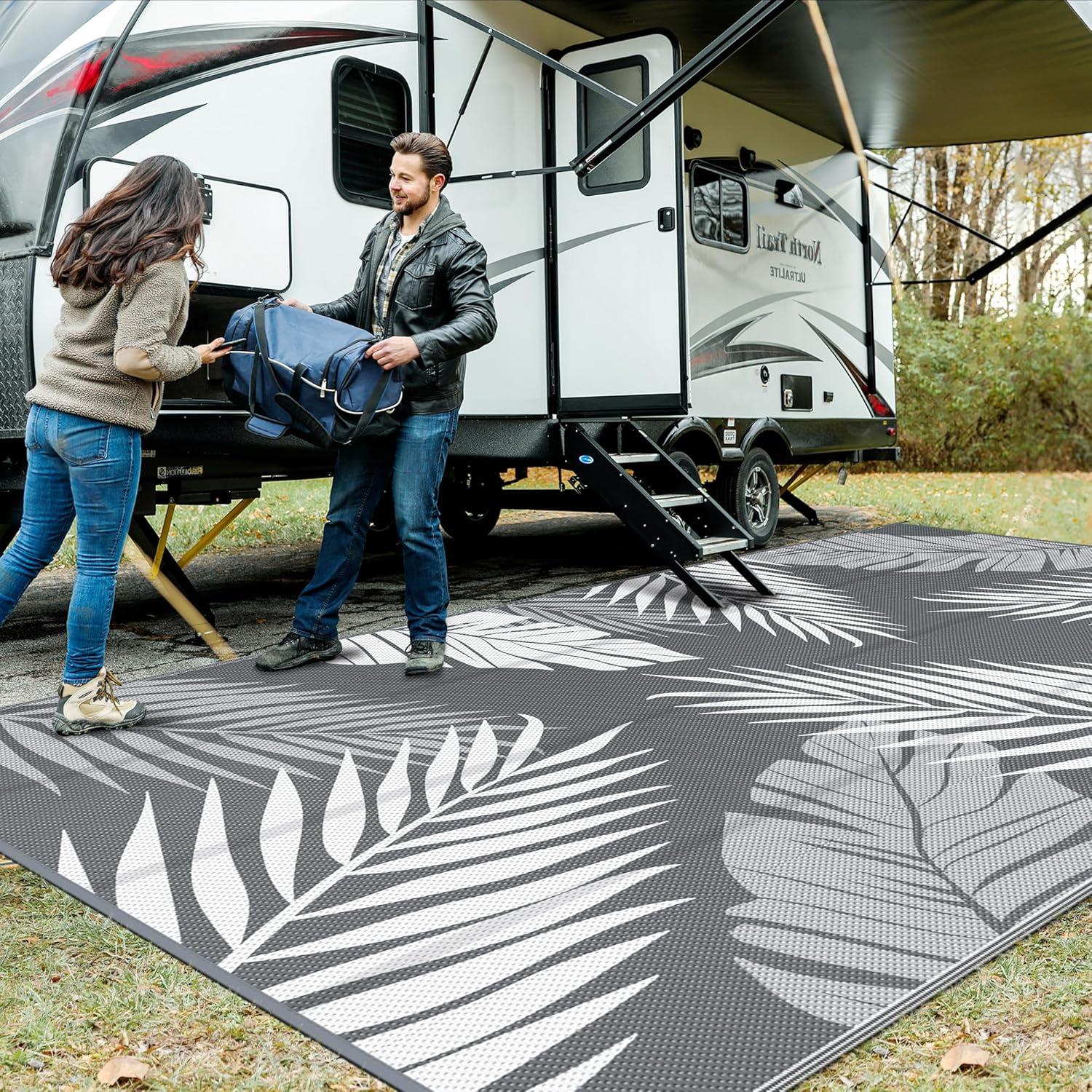 imageGENIMO Outdoor Rug 5 x 8 Waterproof for Patios Clearance Reversible Plastic Straw Camping Carpet Large Area Rugs Mats for RV Picnic Backyard Deck Balcony Porch Beach GreyampampWhiteGrey White Waterproof