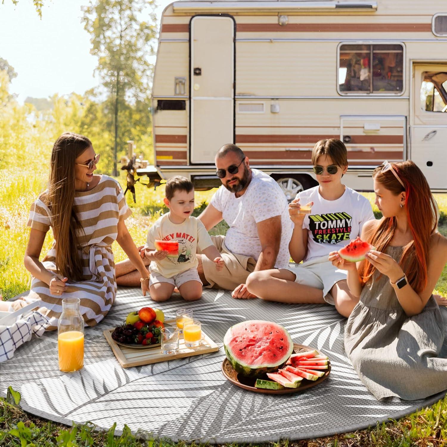 imageGENIMO Outdoor Rug 5 x 8 Waterproof for Patios Clearance Reversible Plastic Straw Camping Carpet Large Area Rugs Mats for RV Picnic Backyard Deck Balcony Porch Beach GreyampampWhiteGrey White Waterproof