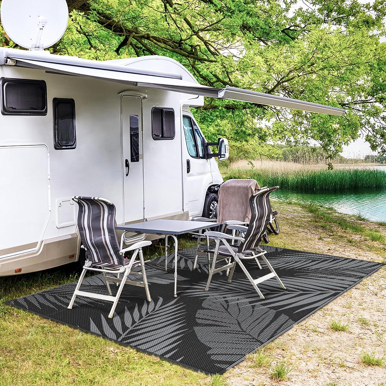 imageGENIMO Outdoor Rug 5 x 8 Waterproof for Patios Clearance Reversible Plastic Straw Camping Carpet Large Area Rugs Mats for RV Picnic Backyard Deck Balcony Porch Beach GreyampampWhiteBlack Grey Waterproof