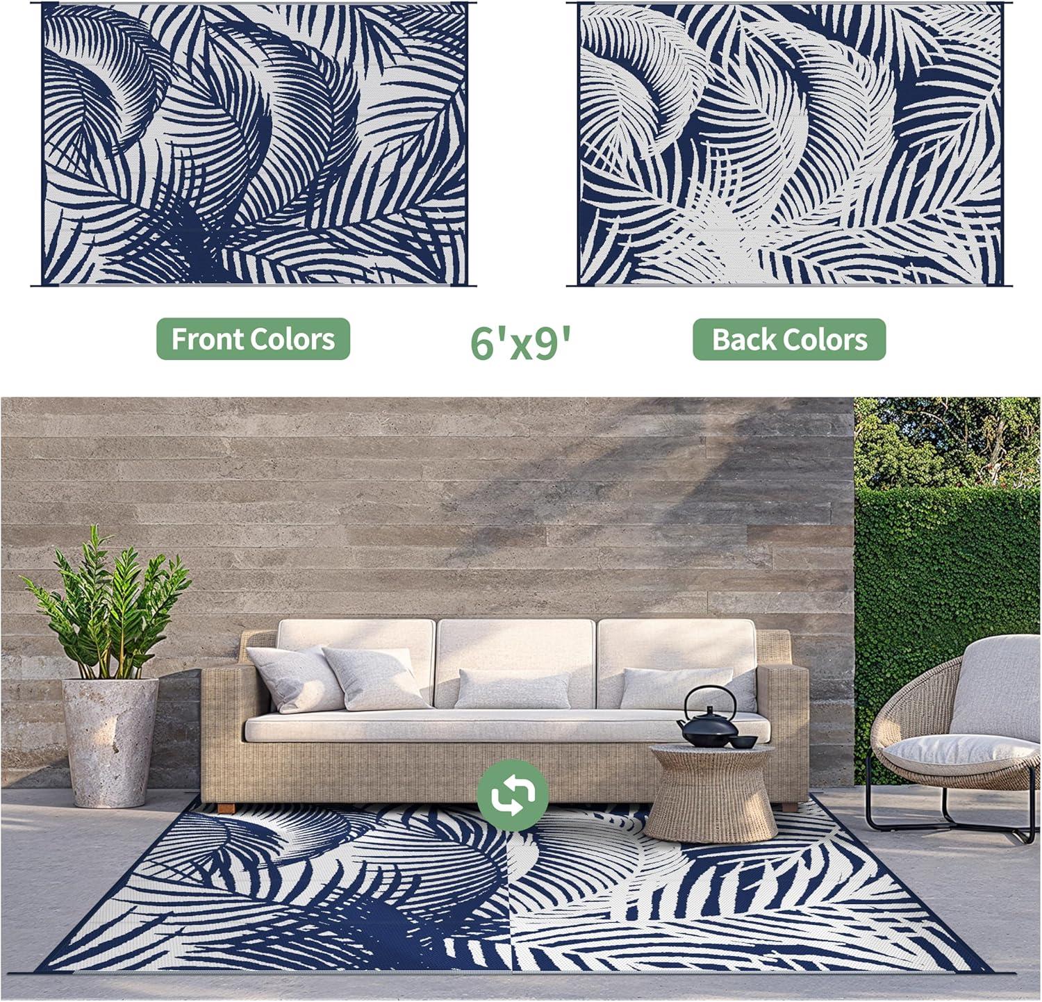 imageGENIMO Outdoor Rug 5 x 8 Waterproof for Patios Clearance Reversible Plastic Straw Camping Carpet Large Area Rugs Mats for RV Picnic Backyard Deck Balcony Porch Beach GreyampampWhiteAblue White