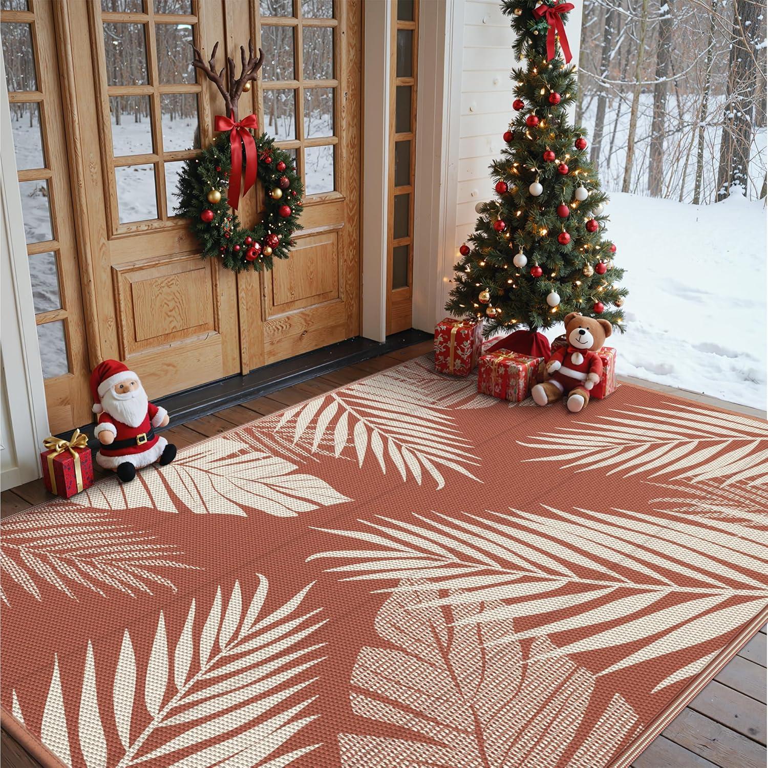 imageGENIMO Outdoor Rug 5 x 8 Waterproof for Patios Clearance Reversible Plastic Straw Camping Carpet Large Area Rugs Mats for RV Picnic Backyard Deck Balcony Porch Beach GreyampampWhiteBrick Red Waterproof
