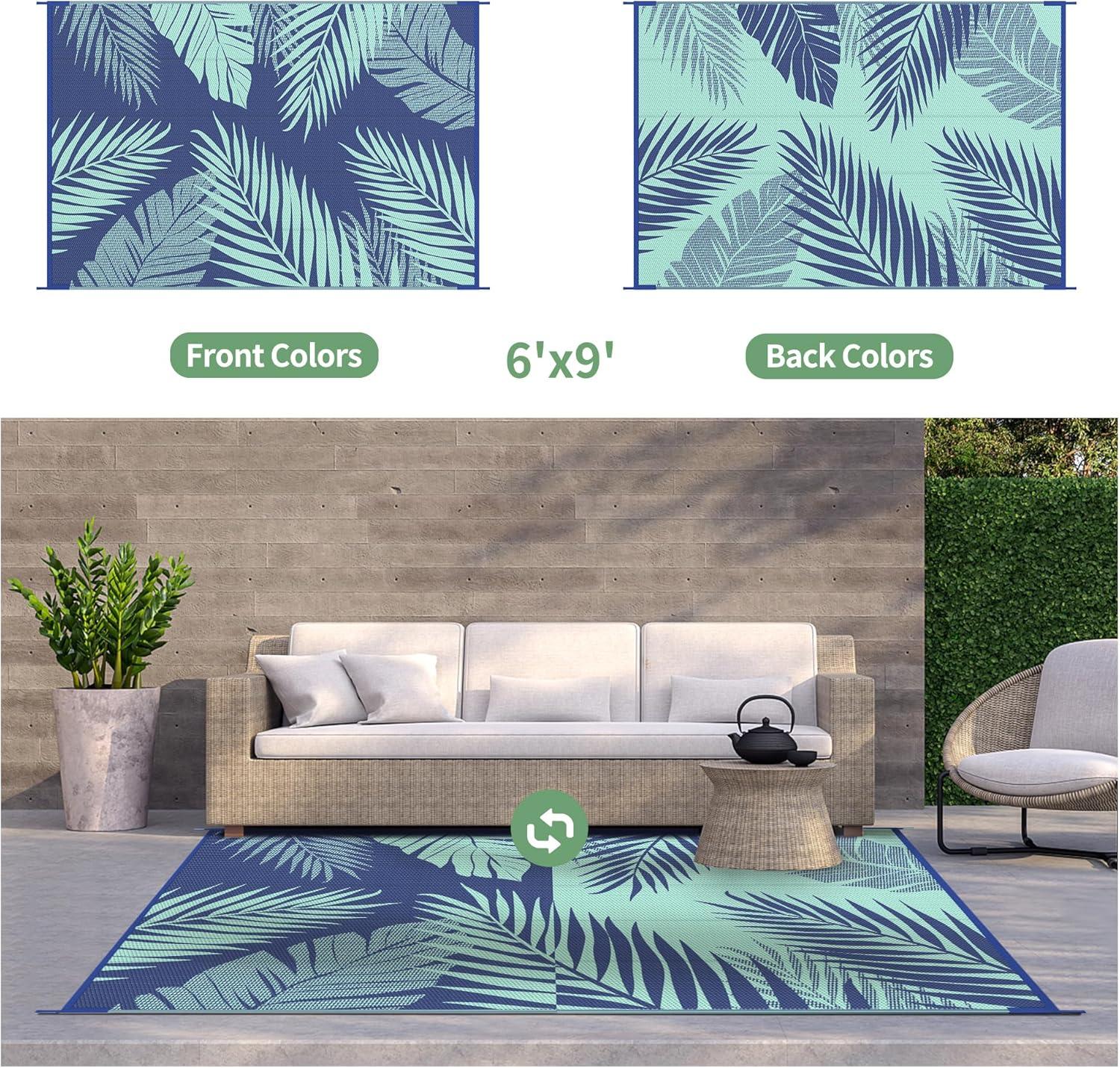 imageGENIMO Outdoor Rug 5 x 8 Waterproof for Patios Clearance Reversible Plastic Straw Camping Carpet Large Area Rugs Mats for RV Picnic Backyard Deck Balcony Porch Beach GreyampampWhiteRoyal Blue Blue Green Waterproof