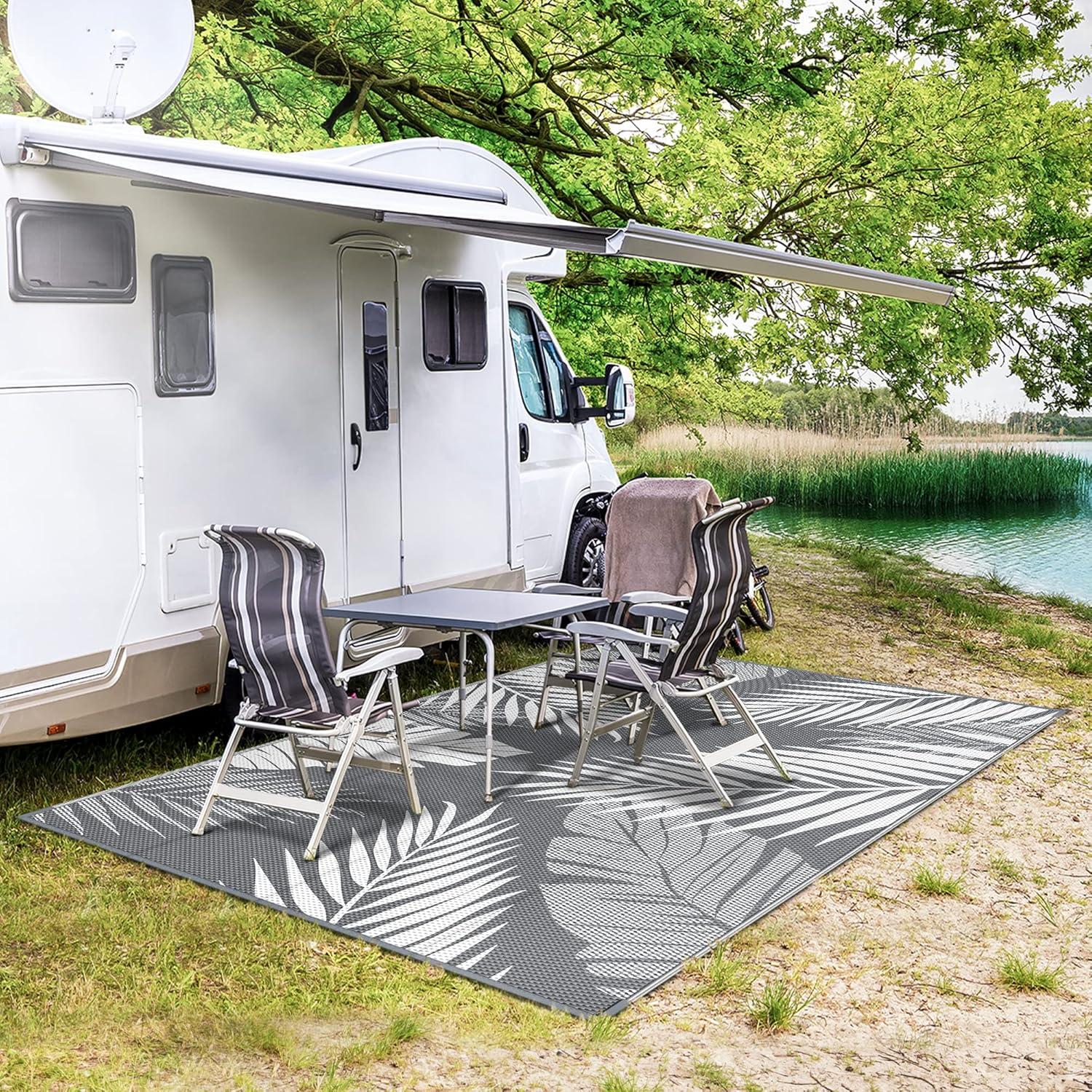 imageGENIMO Outdoor Rug 5 x 8 Waterproof for Patios Clearance Reversible Plastic Straw Camping Carpet Large Area Rugs Mats for RV Picnic Backyard Deck Balcony Porch Beach GreyampampWhiteGrey White Waterproof
