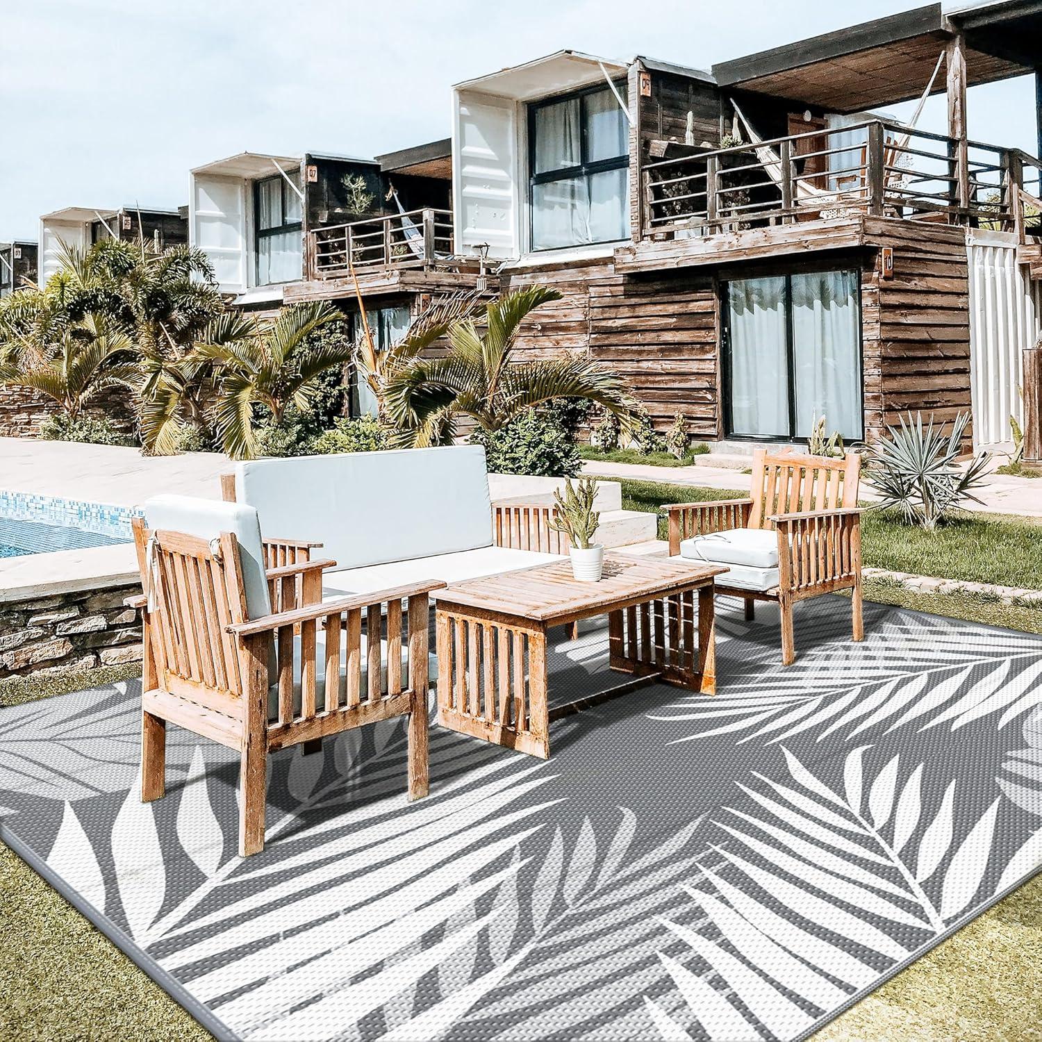imageGENIMO Outdoor Rug 5 x 8 Waterproof for Patios Clearance Reversible Plastic Straw Camping Carpet Large Area Rugs Mats for RV Picnic Backyard Deck Balcony Porch Beach GreyampampWhiteGrey White Waterproof