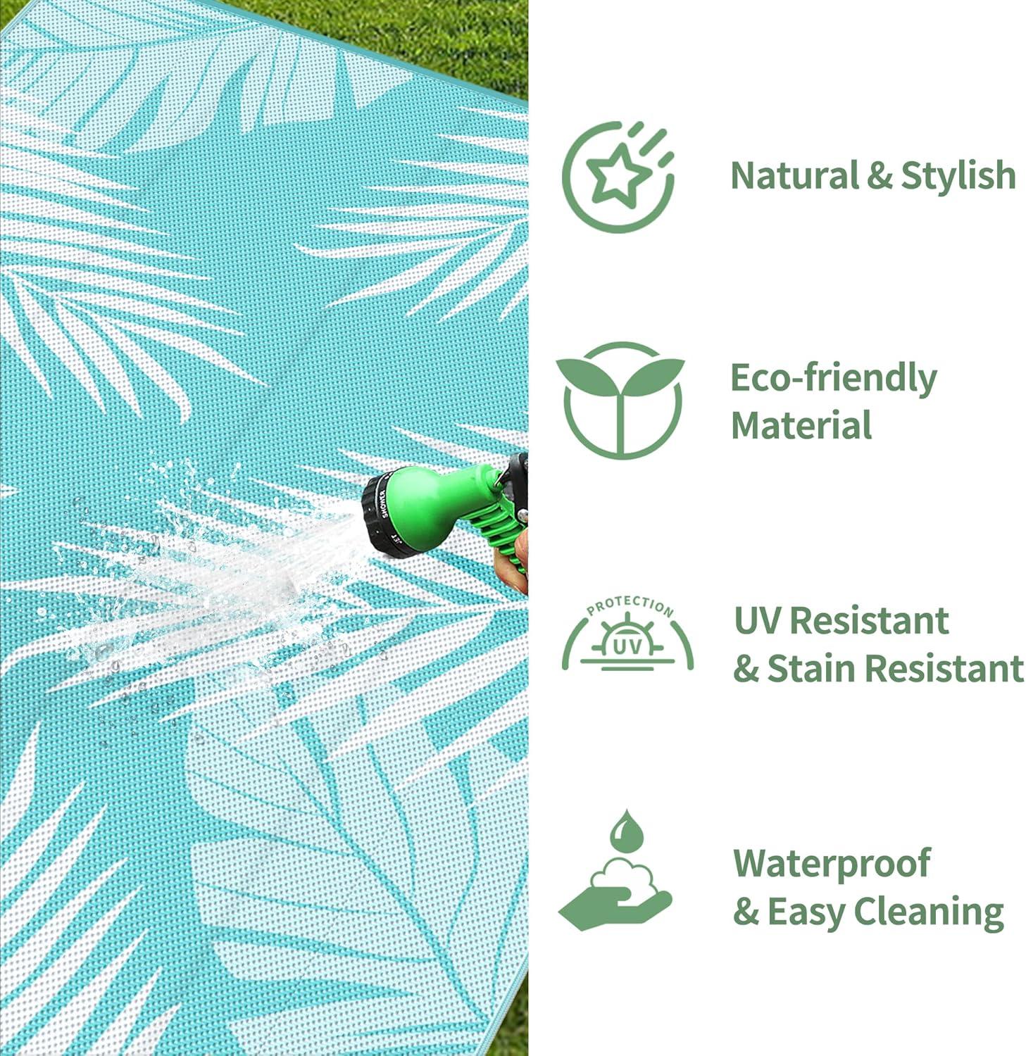 imageGENIMO Outdoor Rug 5 x 8 Waterproof for Patios Clearance Reversible Plastic Straw Camping Carpet Large Area Rugs Mats for RV Picnic Backyard Deck Balcony Porch Beach GreyampampWhiteAqua Blue White Waterproof