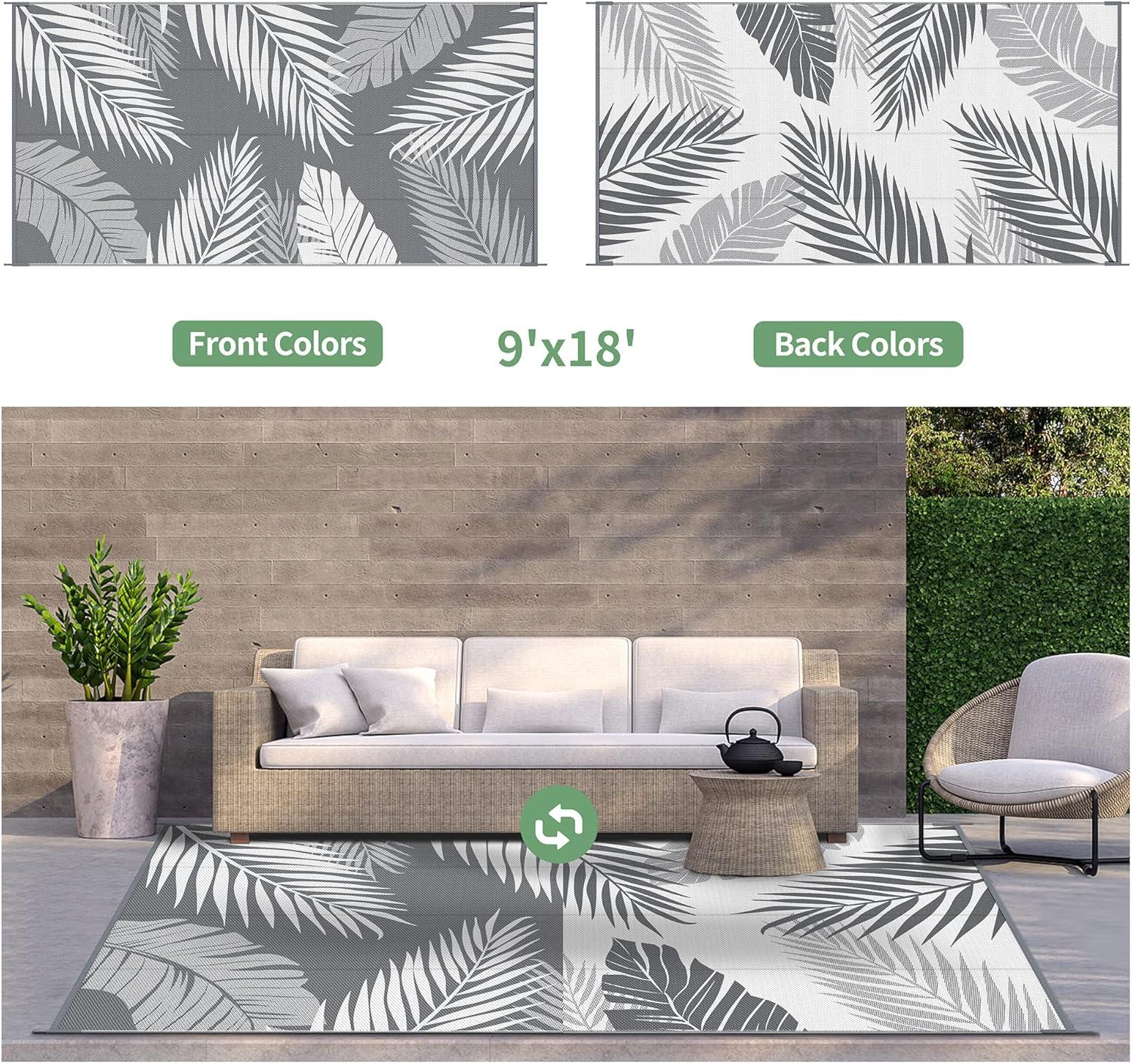 imageGENIMO Outdoor Rug 5 x 8 Waterproof for Patios Clearance Reversible Plastic Straw Camping Carpet Large Area Rugs Mats for RV Picnic Backyard Deck Balcony Porch Beach GreyampampWhiteGrey White Waterproof