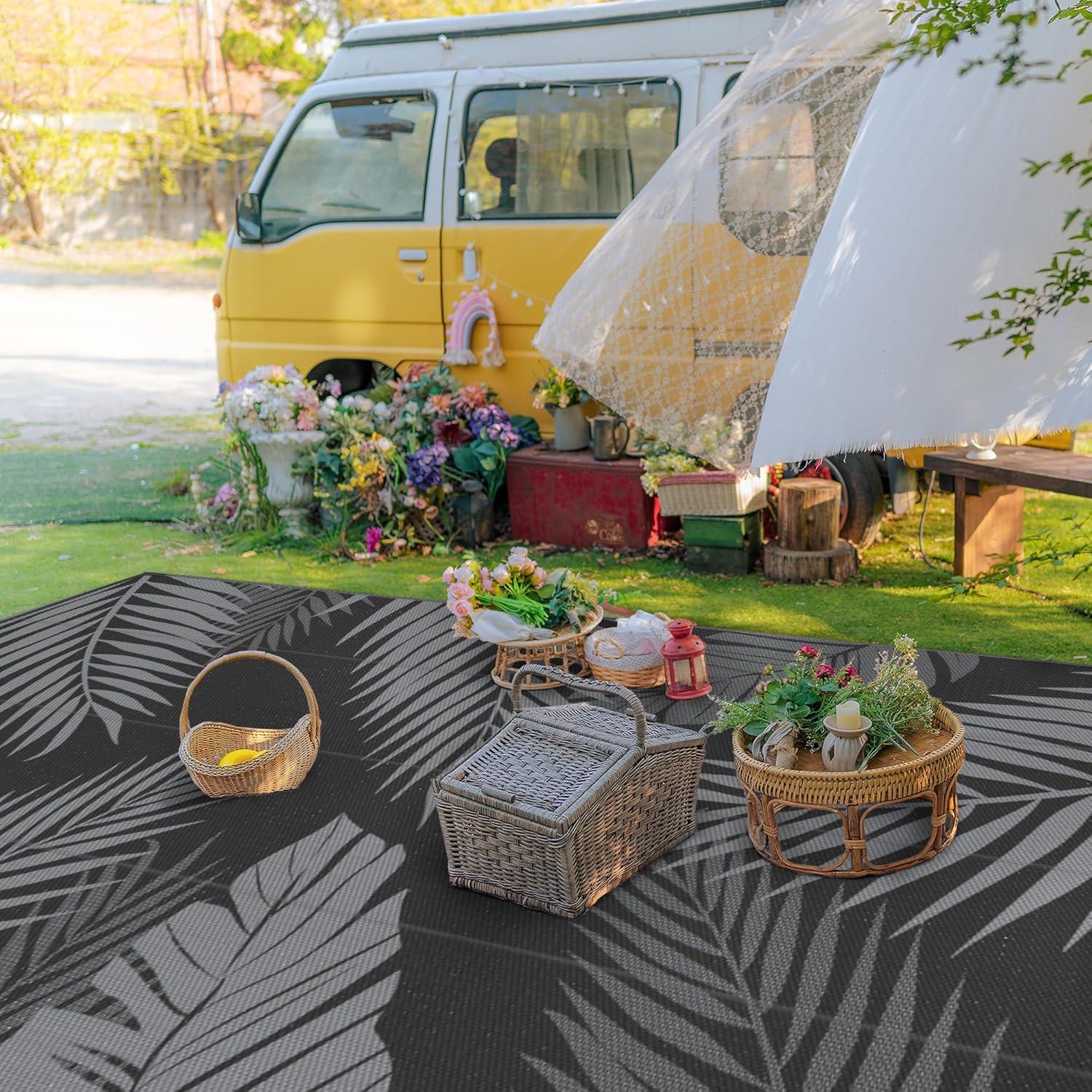 imageGENIMO Outdoor Rug 5 x 8 Waterproof for Patios Clearance Reversible Plastic Straw Camping Carpet Large Area Rugs Mats for RV Picnic Backyard Deck Balcony Porch Beach GreyampampWhiteBlack Grey Waterproof