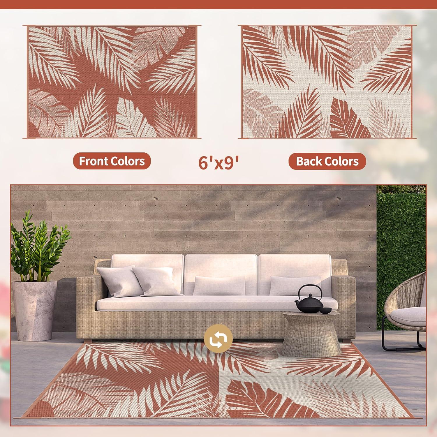 imageGENIMO Outdoor Rug 5 x 8 Waterproof for Patios Clearance Reversible Plastic Straw Camping Carpet Large Area Rugs Mats for RV Picnic Backyard Deck Balcony Porch Beach GreyampampWhiteBrick Red Waterproof