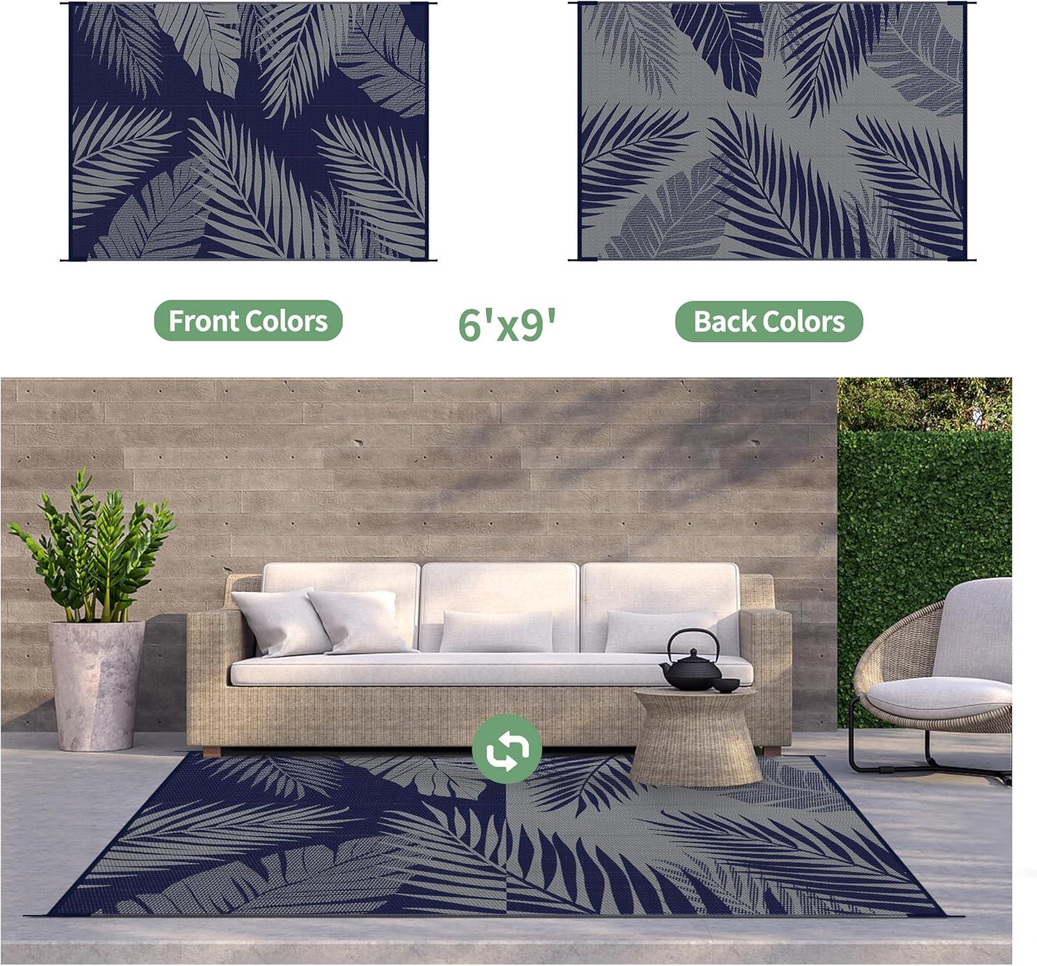 imageGENIMO Outdoor Rug 5 x 8 Waterproof for Patios Clearance Reversible Plastic Straw Camping Carpet Large Area Rugs Mats for RV Picnic Backyard Deck Balcony Porch Beach GreyampampWhiteNavy Blue Grey Waterproof