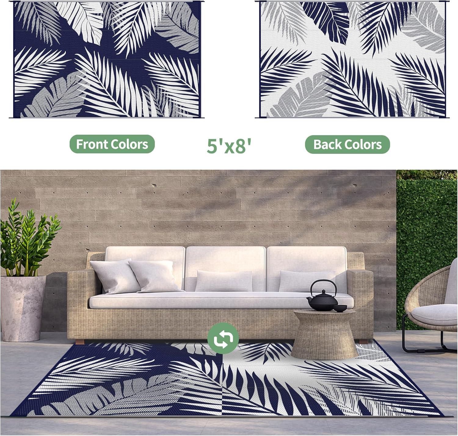 imageGENIMO Outdoor Rug 5 x 8 Waterproof for Patios Clearance Reversible Plastic Straw Camping Carpet Large Area Rugs Mats for RV Picnic Backyard Deck Balcony Porch Beach GreyampampWhiteNavy Blue White Waterproof