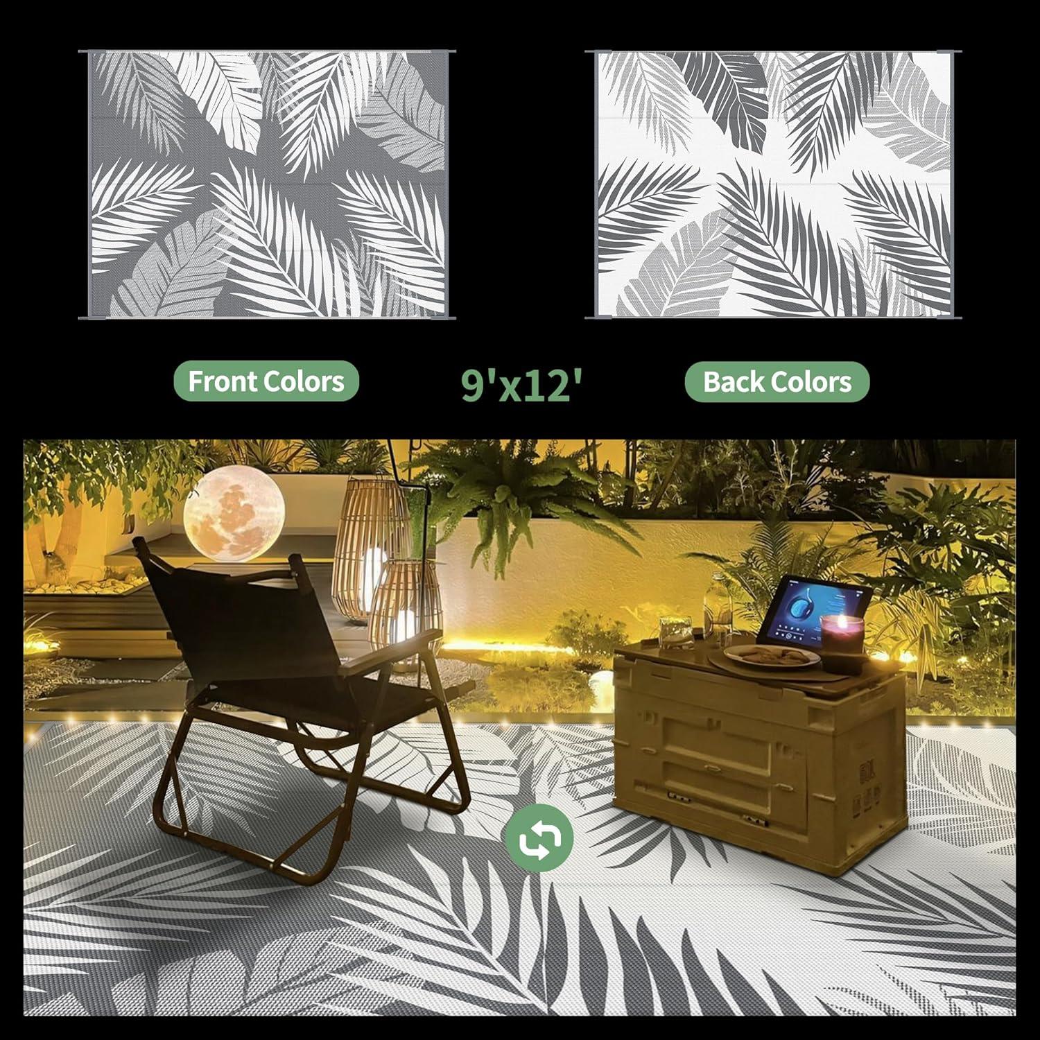 imageGENIMO Outdoor Rug 5 x 8 Waterproof for Patios Clearance Reversible Plastic Straw Camping Carpet Large Area Rugs Mats for RV Picnic Backyard Deck Balcony Porch Beach GreyampampWhiteGrey White Led
