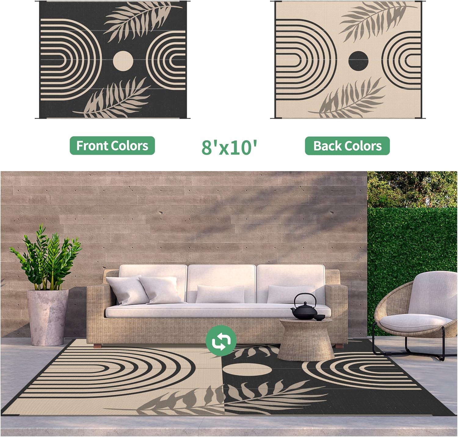 imageGENIMO Outdoor Rug 5 x 8 Waterproof for Patios Clearance Reversible Plastic Straw Camping Carpet Large Area Rugs Mats for RV Picnic Backyard Deck Balcony Porch Beach GreyampampWhiteMixblack Beige