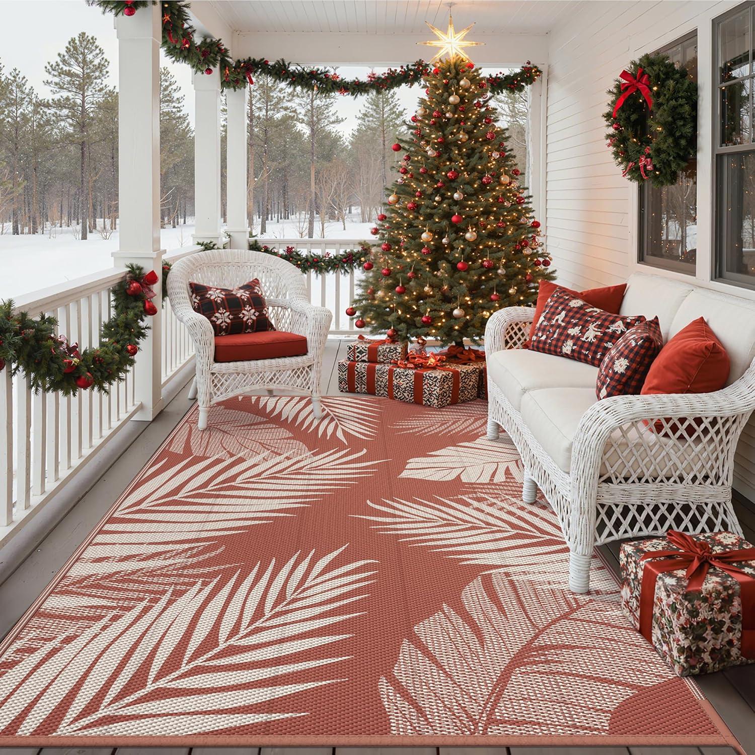 imageGENIMO Outdoor Rug 5 x 8 Waterproof for Patios Clearance Reversible Plastic Straw Camping Carpet Large Area Rugs Mats for RV Picnic Backyard Deck Balcony Porch Beach GreyampampWhiteBrick Red Waterproof