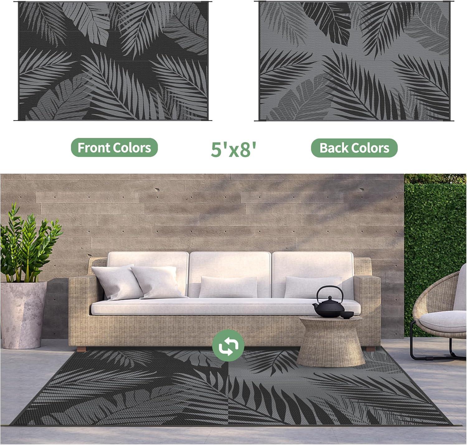 imageGENIMO Outdoor Rug 5 x 8 Waterproof for Patios Clearance Reversible Plastic Straw Camping Carpet Large Area Rugs Mats for RV Picnic Backyard Deck Balcony Porch Beach GreyampampWhiteBlack Grey Waterproof