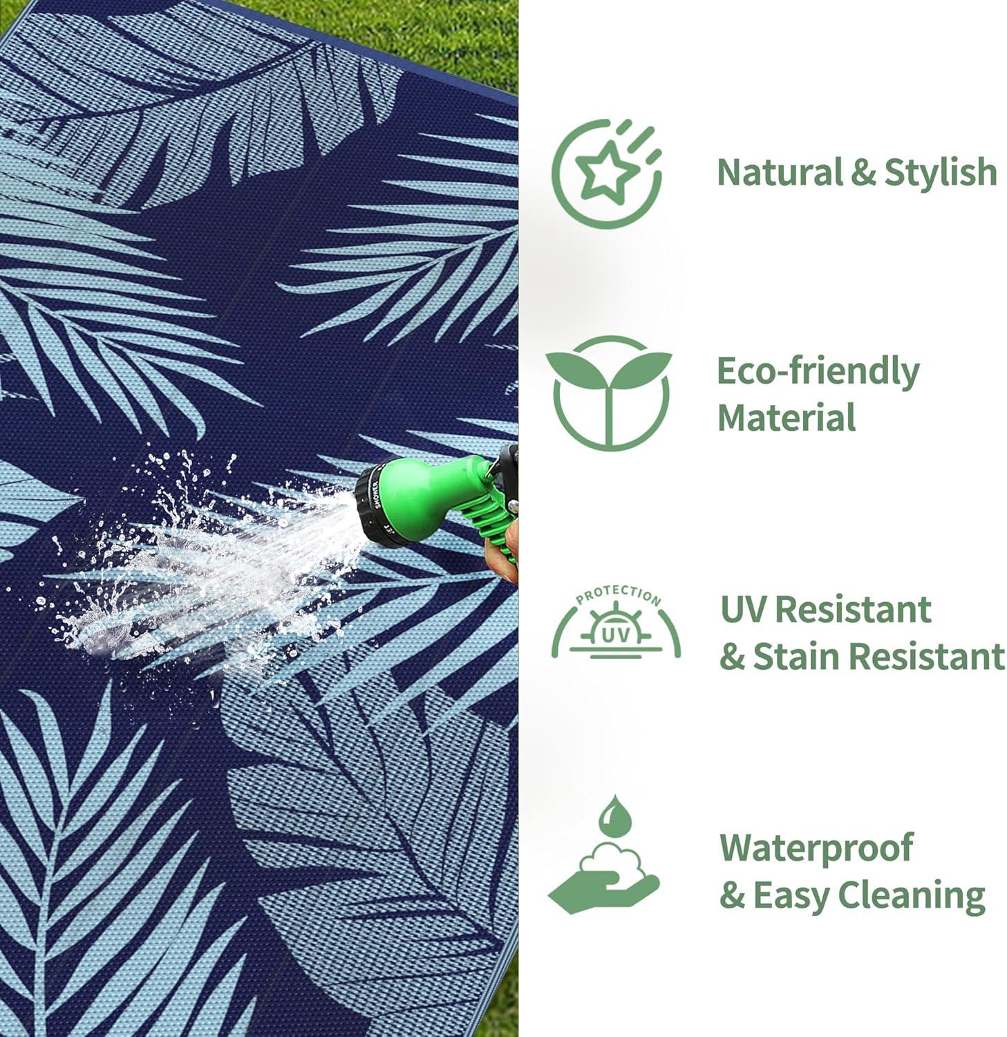 imageGENIMO Outdoor Rug 5 x 8 Waterproof for Patios Clearance Reversible Plastic Straw Camping Carpet Large Area Rugs Mats for RV Picnic Backyard Deck Balcony Porch Beach GreyampampWhiteNavy Blue Baby Blue Waterproof