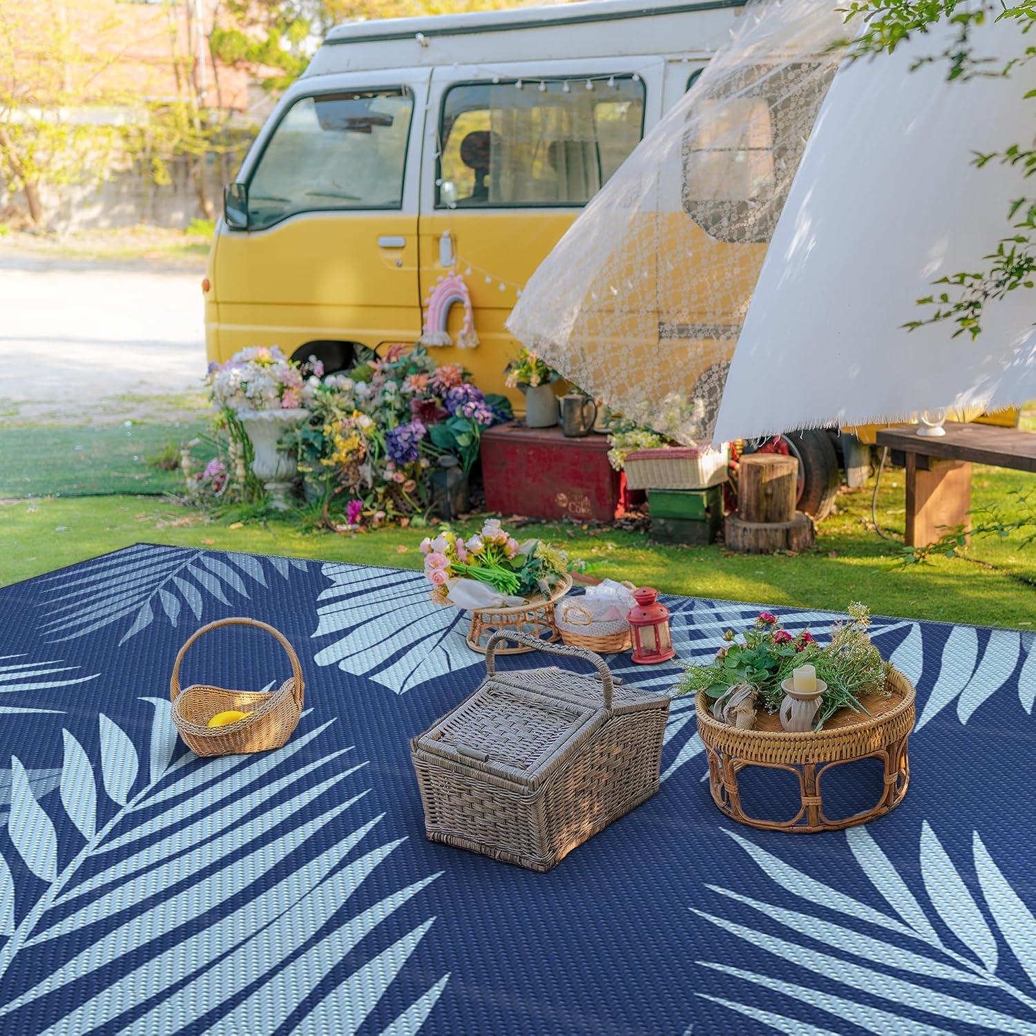 imageGENIMO Outdoor Rug 5 x 8 Waterproof for Patios Clearance Reversible Plastic Straw Camping Carpet Large Area Rugs Mats for RV Picnic Backyard Deck Balcony Porch Beach GreyampampWhiteNavy Blue Baby Blue Waterproof