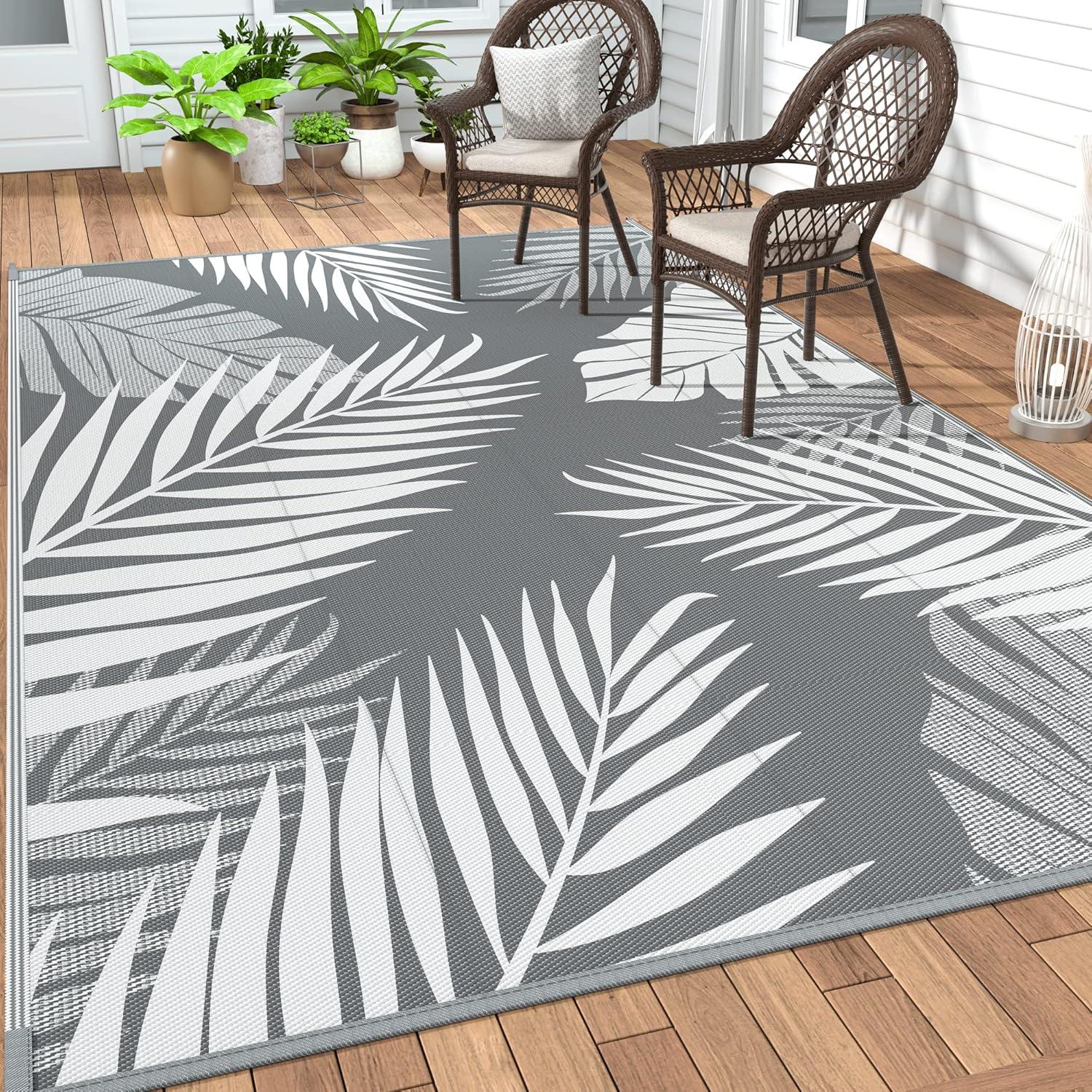 imageGENIMO Outdoor Rug 5 x 8 Waterproof for Patios Clearance Reversible Plastic Straw Camping Carpet Large Area Rugs Mats for RV Picnic Backyard Deck Balcony Porch Beach GreyampampWhiteGrey White Waterproof