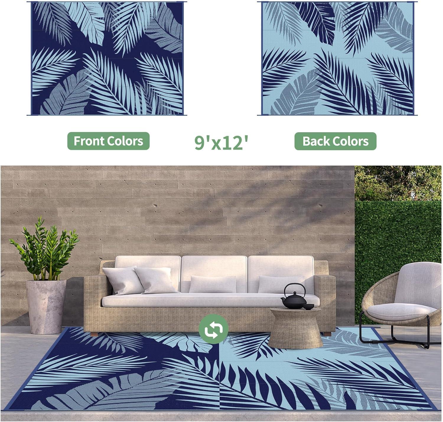 imageGENIMO Outdoor Rug 5 x 8 Waterproof for Patios Clearance Reversible Plastic Straw Camping Carpet Large Area Rugs Mats for RV Picnic Backyard Deck Balcony Porch Beach GreyampampWhiteNavy Blue Baby Blue Waterproof
