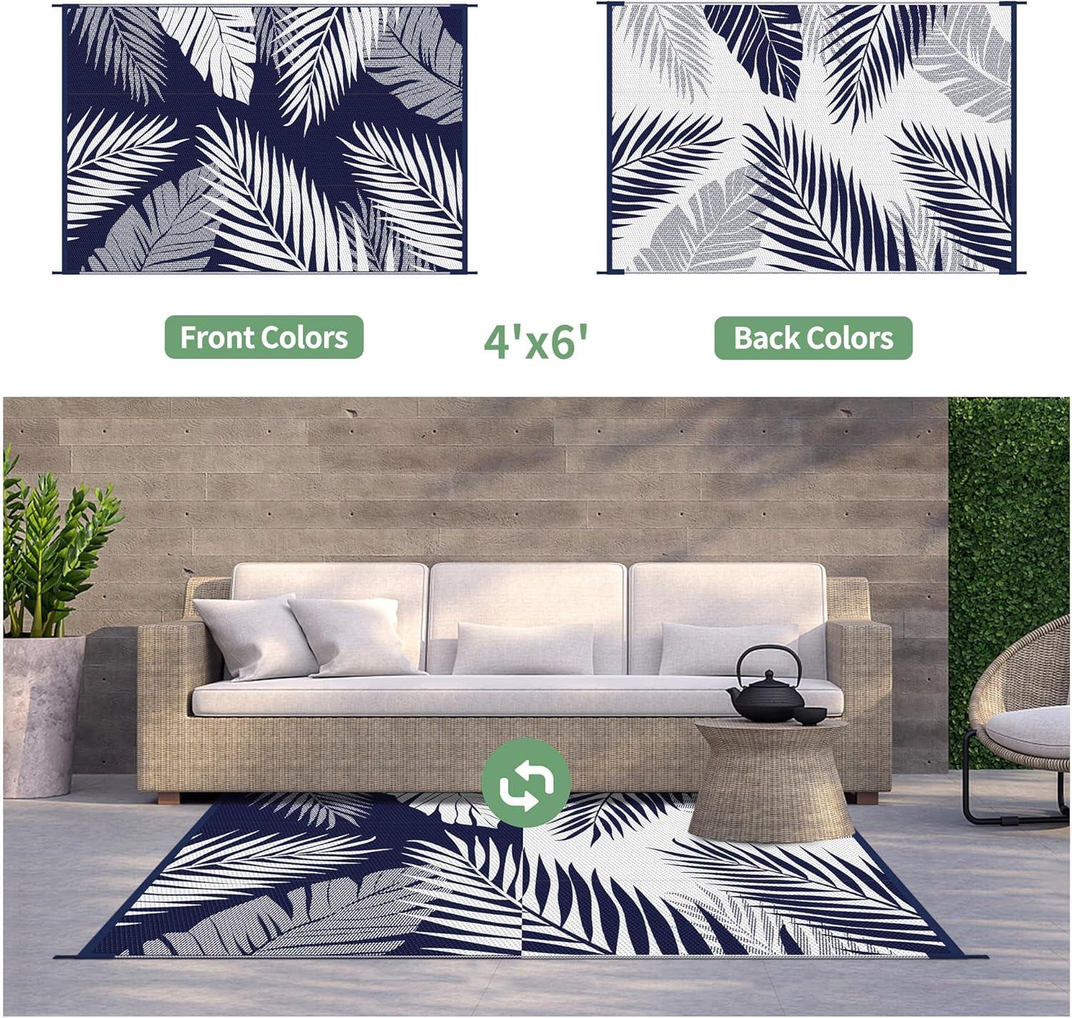 imageGENIMO Outdoor Rug 5 x 8 Waterproof for Patios Clearance Reversible Plastic Straw Camping Carpet Large Area Rugs Mats for RV Picnic Backyard Deck Balcony Porch Beach GreyampampWhiteNavy Blue White Waterproof