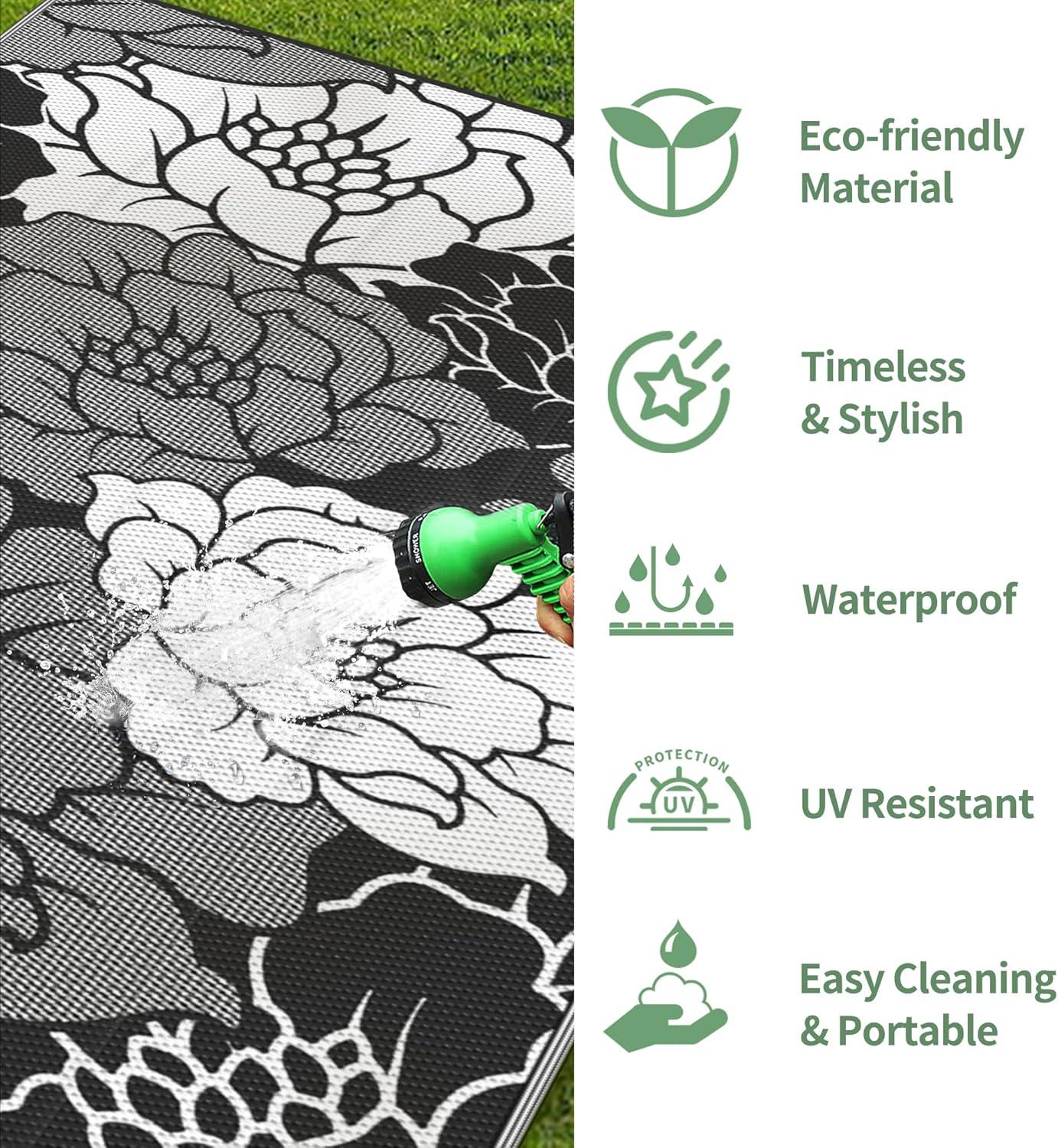 imageGENIMO Outdoor Rug 5 x 8 Waterproof for Patios Clearance Reversible Plastic Straw Camping Carpet Large Area Rugs Mats for RV Picnic Backyard Deck Balcony Porch Beach GreyampampWhiteCmix Black White