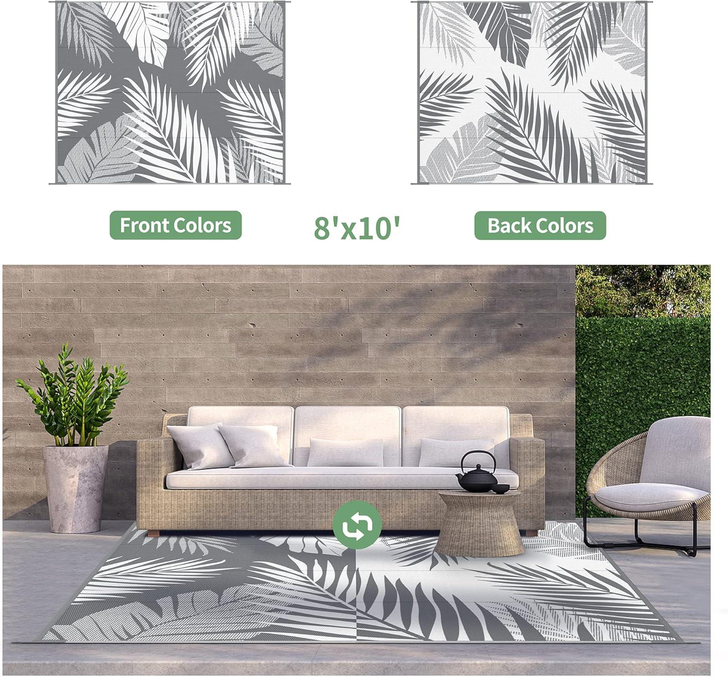 imageGENIMO Outdoor Rug 5 x 8 Waterproof for Patios Clearance Reversible Plastic Straw Camping Carpet Large Area Rugs Mats for RV Picnic Backyard Deck Balcony Porch Beach GreyampampWhiteGrey White Waterproof