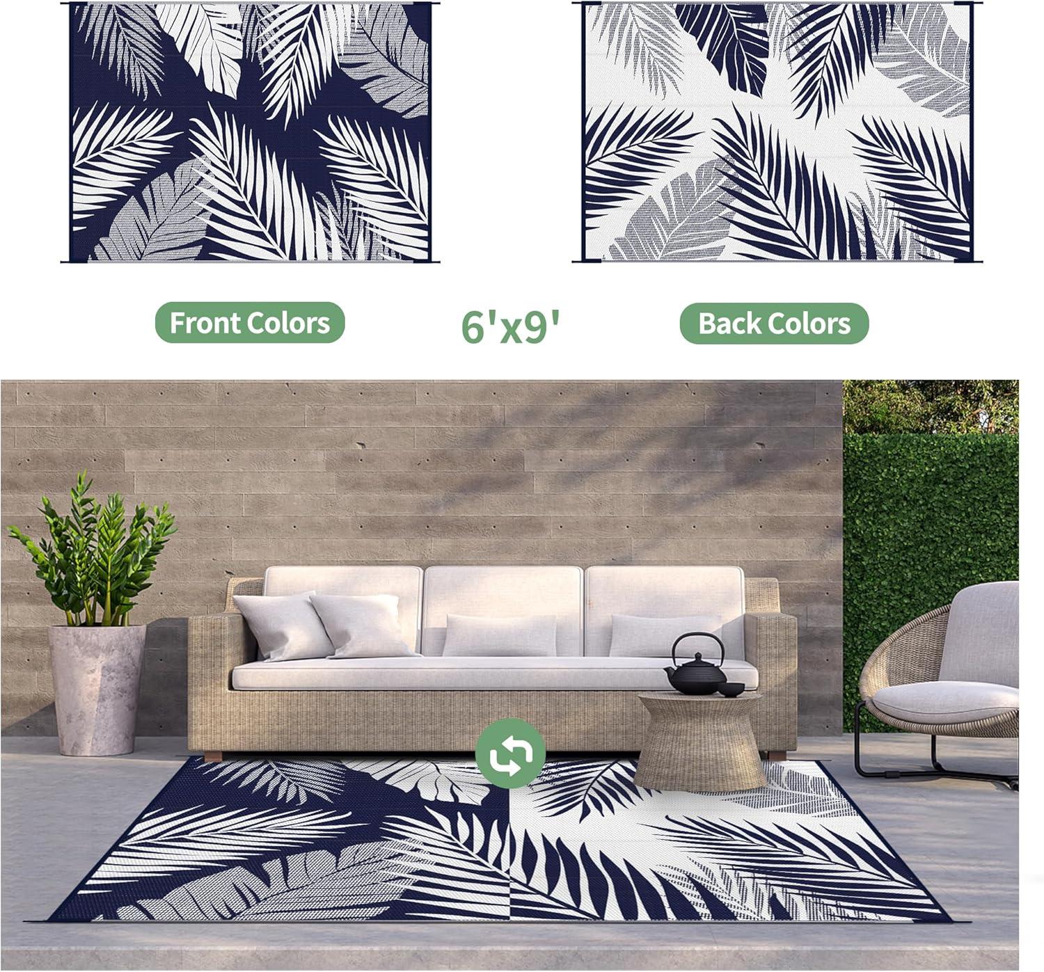 imageGENIMO Outdoor Rug 5 x 8 Waterproof for Patios Clearance Reversible Plastic Straw Camping Carpet Large Area Rugs Mats for RV Picnic Backyard Deck Balcony Porch Beach GreyampampWhiteNavy Blue White Waterproof