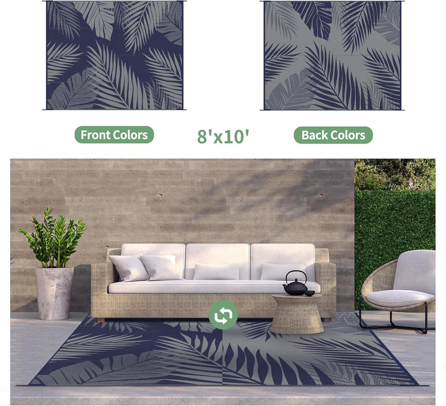 imageGENIMO Outdoor Rug 5 x 8 Waterproof for Patios Clearance Reversible Plastic Straw Camping Carpet Large Area Rugs Mats for RV Picnic Backyard Deck Balcony Porch Beach GreyampampWhiteNavy Blue Grey Waterproof