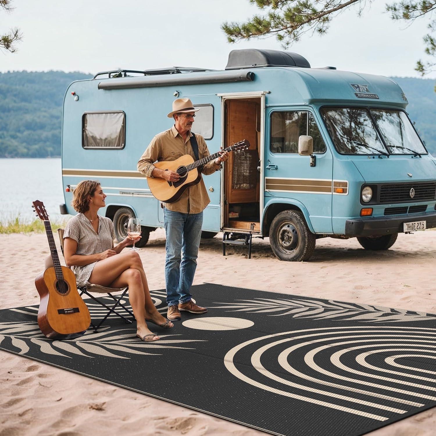 imageGENIMO Outdoor Rug 5 x 8 Waterproof for Patios Clearance Reversible Plastic Straw Camping Carpet Large Area Rugs Mats for RV Picnic Backyard Deck Balcony Porch Beach GreyampampWhiteMixblack Beige