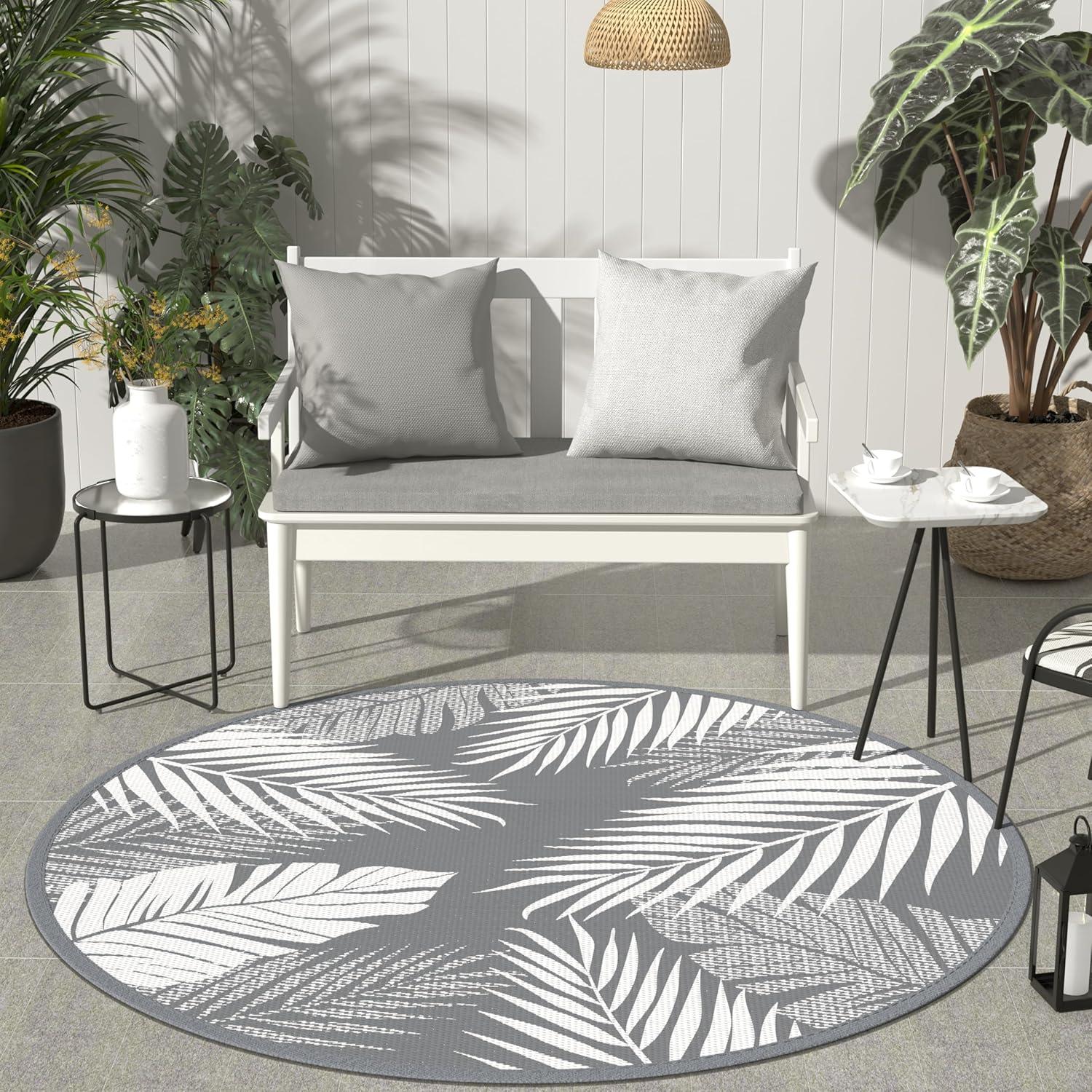 imageGENIMO Outdoor Rug 5 x 8 Waterproof for Patios Clearance Reversible Plastic Straw Camping Carpet Large Area Rugs Mats for RV Picnic Backyard Deck Balcony Porch Beach GreyampampWhiteGrey White Waterproof