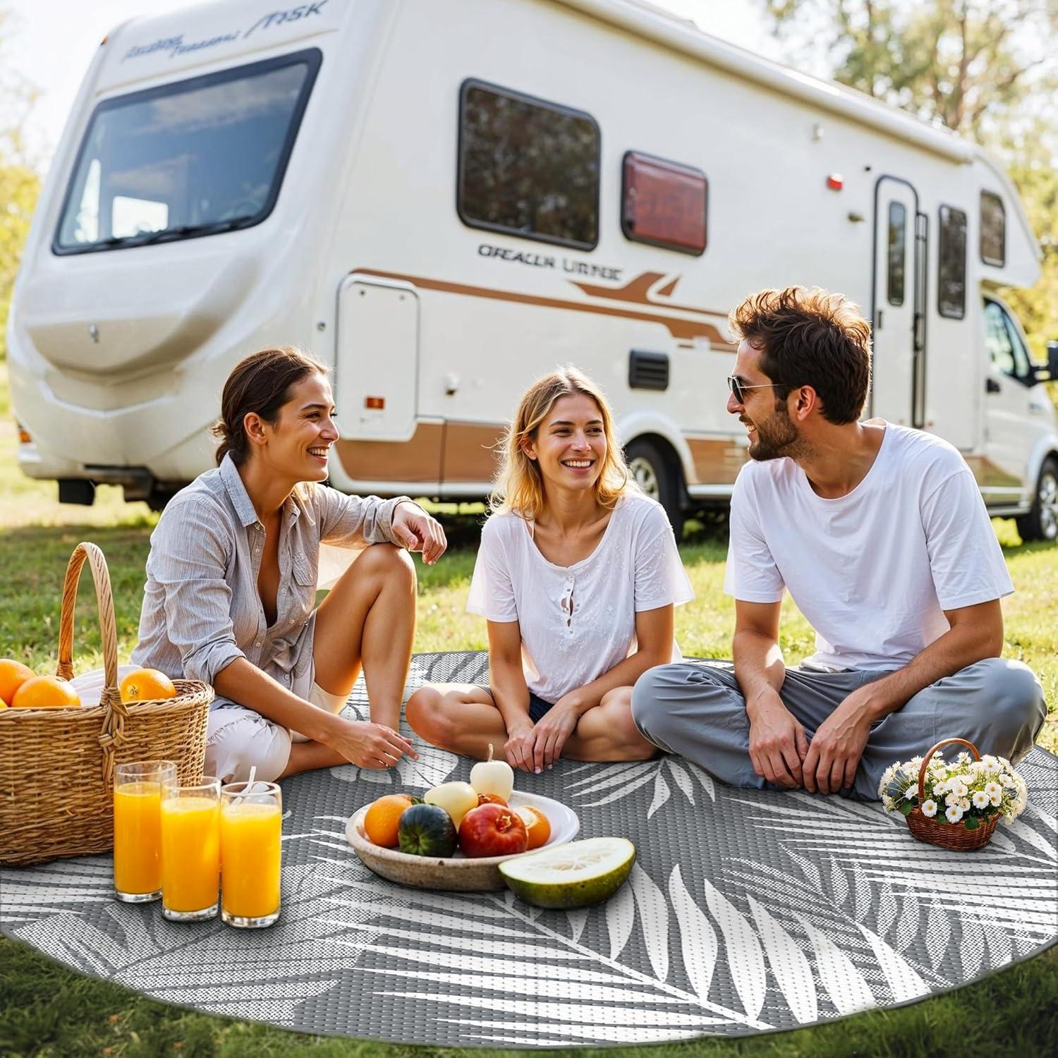 imageGENIMO Outdoor Rug 5 x 8 Waterproof for Patios Clearance Reversible Plastic Straw Camping Carpet Large Area Rugs Mats for RV Picnic Backyard Deck Balcony Porch Beach GreyampampWhiteGrey White Waterproof