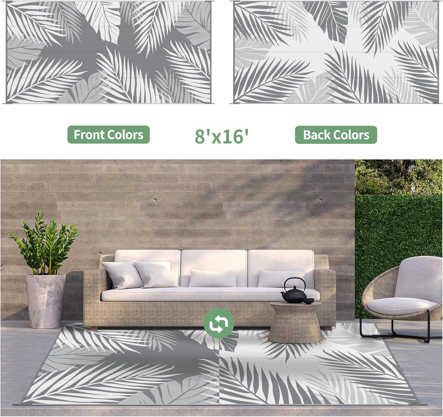 imageGENIMO Outdoor Rug 5 x 8 Waterproof for Patios Clearance Reversible Plastic Straw Camping Carpet Large Area Rugs Mats for RV Picnic Backyard Deck Balcony Porch Beach GreyampampWhiteGrey White Waterproof