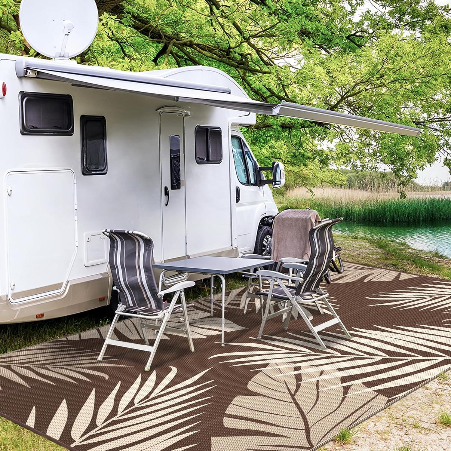 imageGENIMO Outdoor Rug 5 x 8 Waterproof for Patios Clearance Reversible Plastic Straw Camping Carpet Large Area Rugs Mats for RV Picnic Backyard Deck Balcony Porch Beach GreyampampWhiteCoffee Beige Waterproof