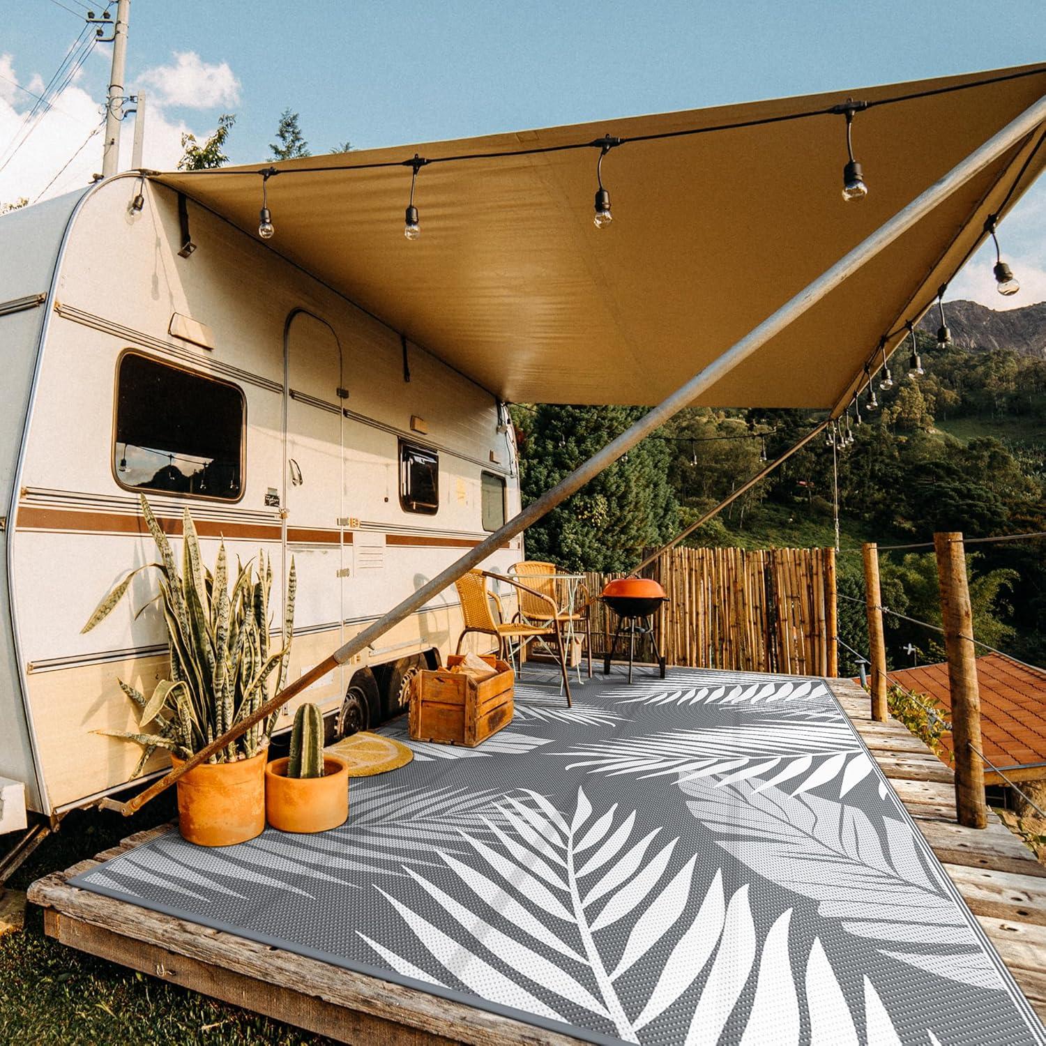 imageGENIMO Outdoor Rug 5 x 8 Waterproof for Patios Clearance Reversible Plastic Straw Camping Carpet Large Area Rugs Mats for RV Picnic Backyard Deck Balcony Porch Beach GreyampampWhiteGrey White Waterproof