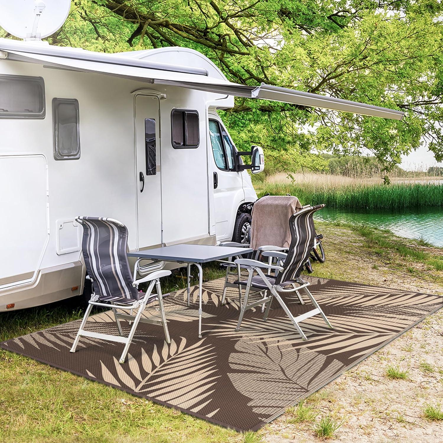 imageGENIMO Outdoor Rug 5 x 8 Waterproof for Patios Clearance Reversible Plastic Straw Camping Carpet Large Area Rugs Mats for RV Picnic Backyard Deck Balcony Porch Beach GreyampampWhiteCoffee Beige Waterproof