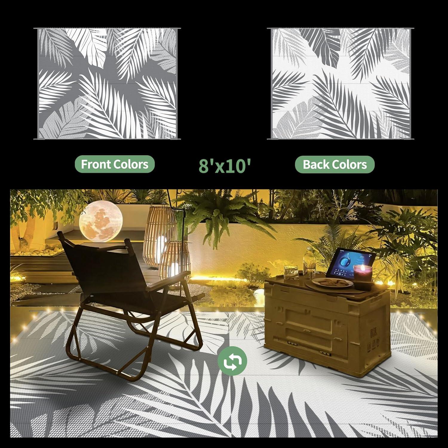 imageGENIMO Outdoor Rug 5 x 8 Waterproof for Patios Clearance Reversible Plastic Straw Camping Carpet Large Area Rugs Mats for RV Picnic Backyard Deck Balcony Porch Beach GreyampampWhiteGrey White Led