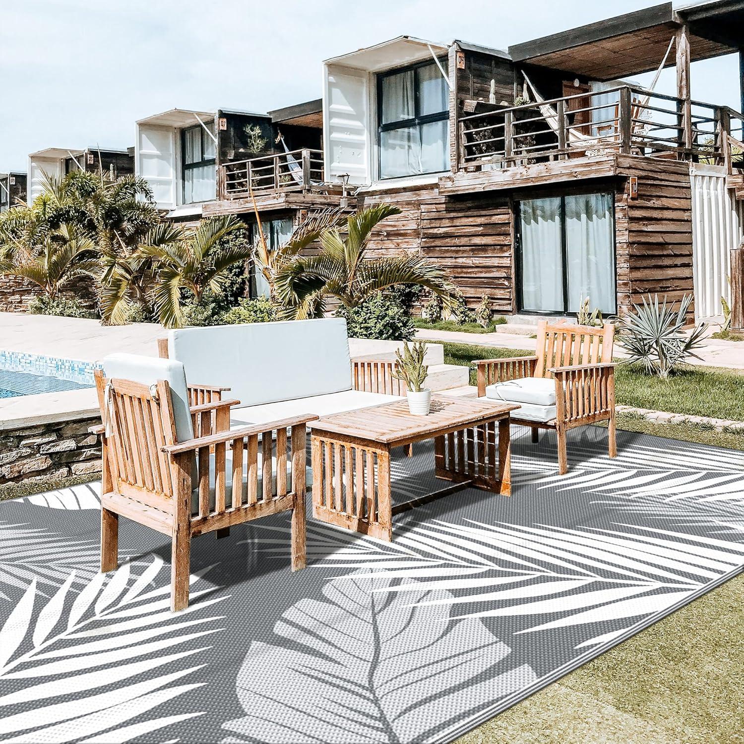 imageGENIMO Outdoor Rug 5 x 8 Waterproof for Patios Clearance Reversible Plastic Straw Camping Carpet Large Area Rugs Mats for RV Picnic Backyard Deck Balcony Porch Beach GreyampampWhiteGrey White Waterproof