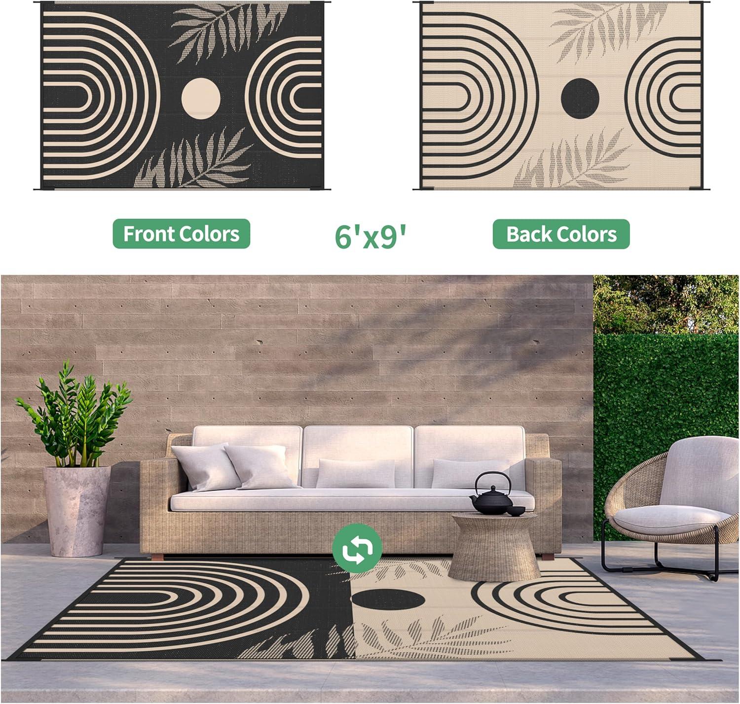 imageGENIMO Outdoor Rug 5 x 8 Waterproof for Patios Clearance Reversible Plastic Straw Camping Carpet Large Area Rugs Mats for RV Picnic Backyard Deck Balcony Porch Beach GreyampampWhiteMixblack Beige