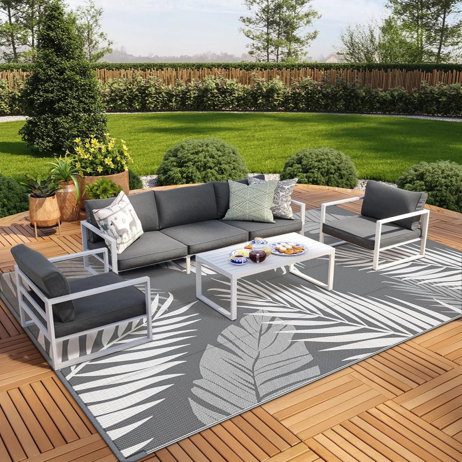 imageGENIMO Outdoor Rug 5 x 8 Waterproof for Patios Clearance Reversible Plastic Straw Camping Carpet Large Area Rugs Mats for RV Picnic Backyard Deck Balcony Porch Beach GreyampampWhiteGrey White Waterproof