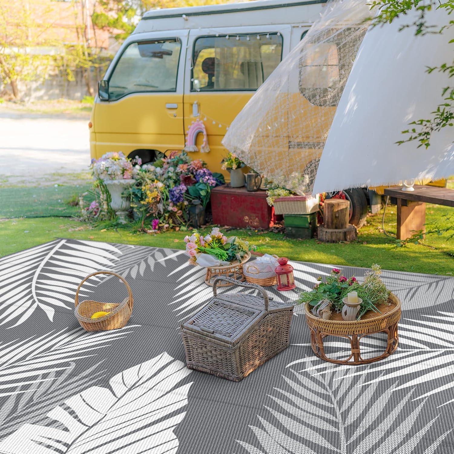 imageGENIMO Outdoor Rug 5 x 8 Waterproof for Patios Clearance Reversible Plastic Straw Camping Carpet Large Area Rugs Mats for RV Picnic Backyard Deck Balcony Porch Beach GreyampampWhiteGrey White Waterproof