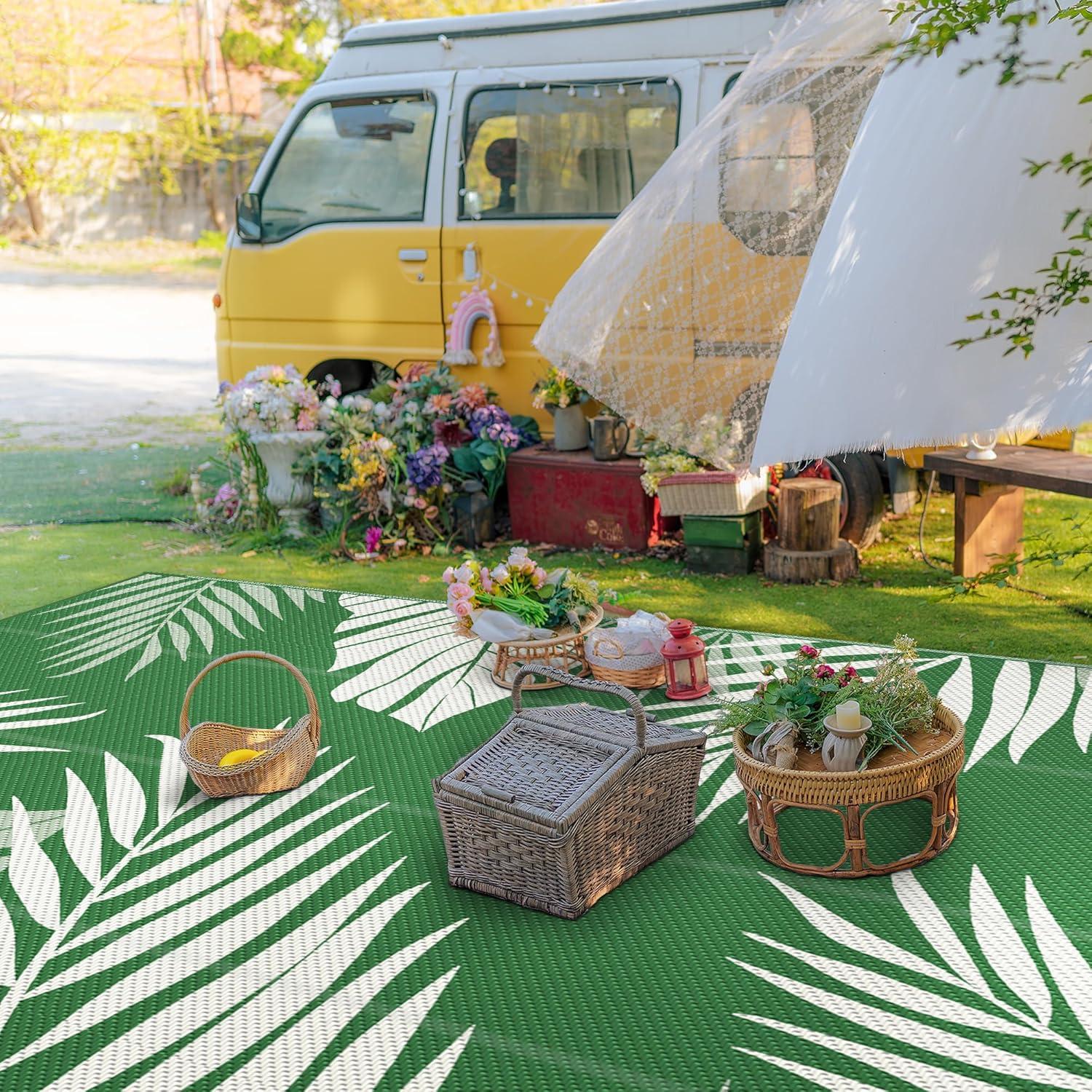 imageGENIMO Outdoor Rug 5 x 8 Waterproof for Patios Clearance Reversible Plastic Straw Camping Carpet Large Area Rugs Mats for RV Picnic Backyard Deck Balcony Porch Beach GreyampampWhiteDarkgreen White Waterproof