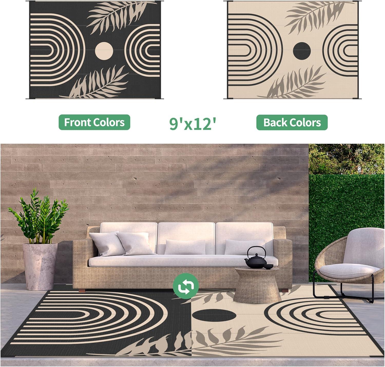 imageGENIMO Outdoor Rug 5 x 8 Waterproof for Patios Clearance Reversible Plastic Straw Camping Carpet Large Area Rugs Mats for RV Picnic Backyard Deck Balcony Porch Beach GreyampampWhiteMixblack Beige