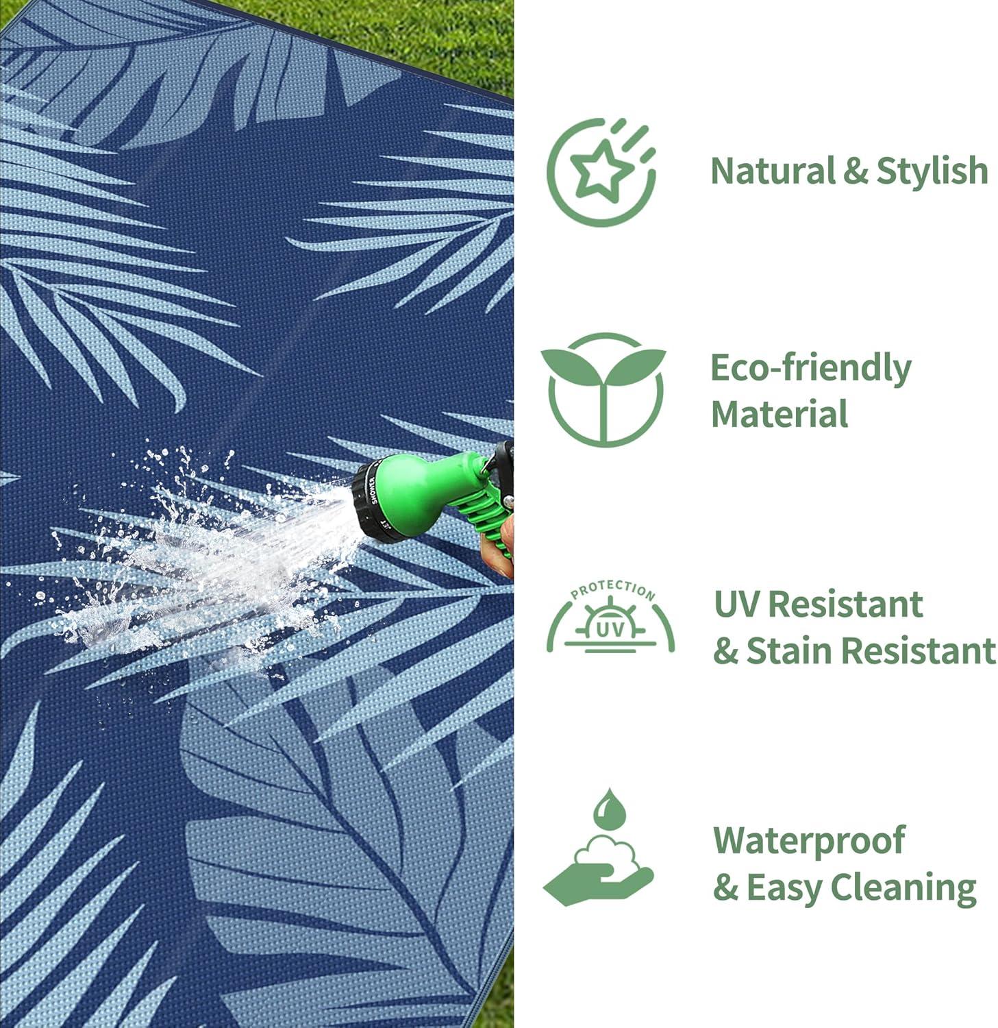 imageGENIMO Outdoor Rug 5 x 8 Waterproof for Patios Clearance Reversible Plastic Straw Camping Carpet Large Area Rugs Mats for RV Picnic Backyard Deck Balcony Porch Beach GreyampampWhiteNavy Blue Baby Blue Waterproof