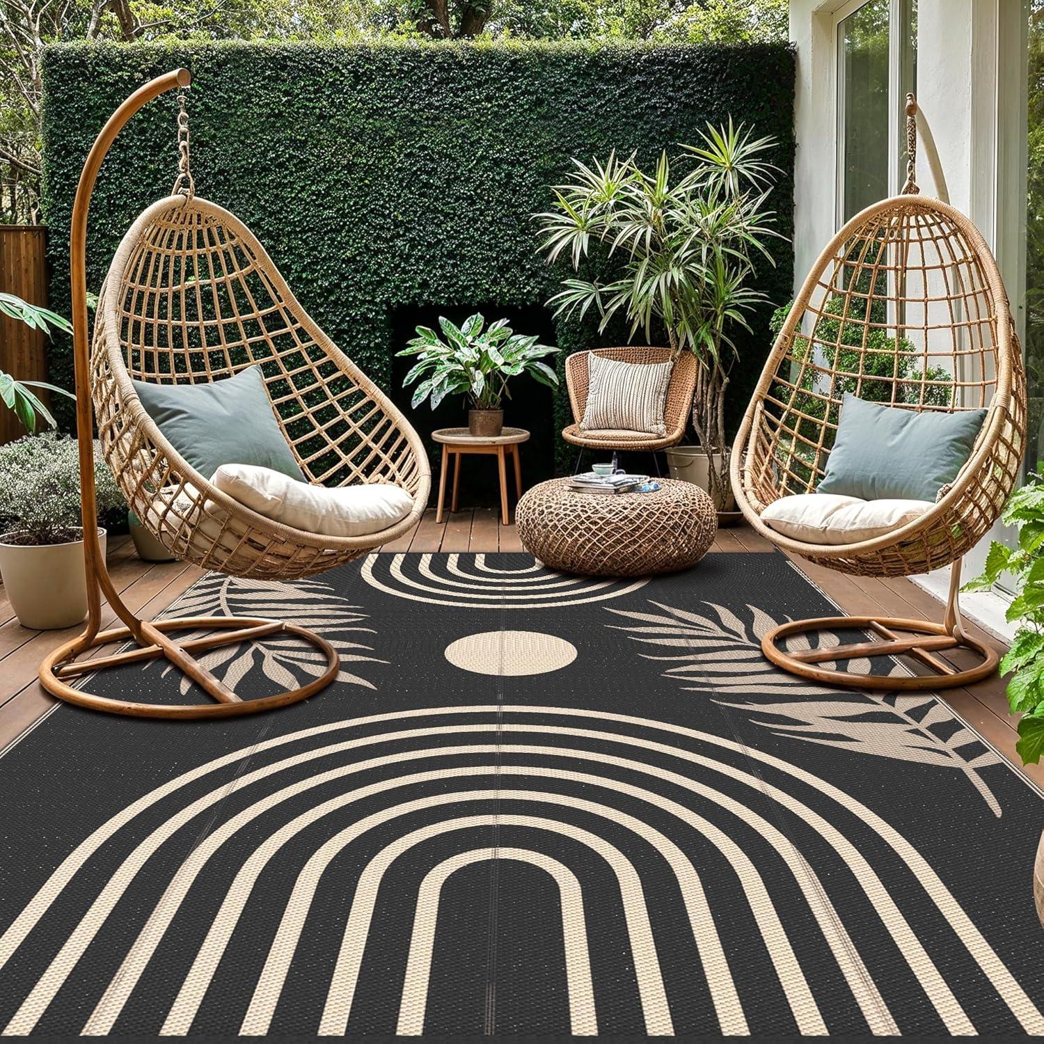 imageGENIMO Outdoor Rug 5 x 8 Waterproof for Patios Clearance Reversible Plastic Straw Camping Carpet Large Area Rugs Mats for RV Picnic Backyard Deck Balcony Porch Beach GreyampampWhiteMixblack Beige