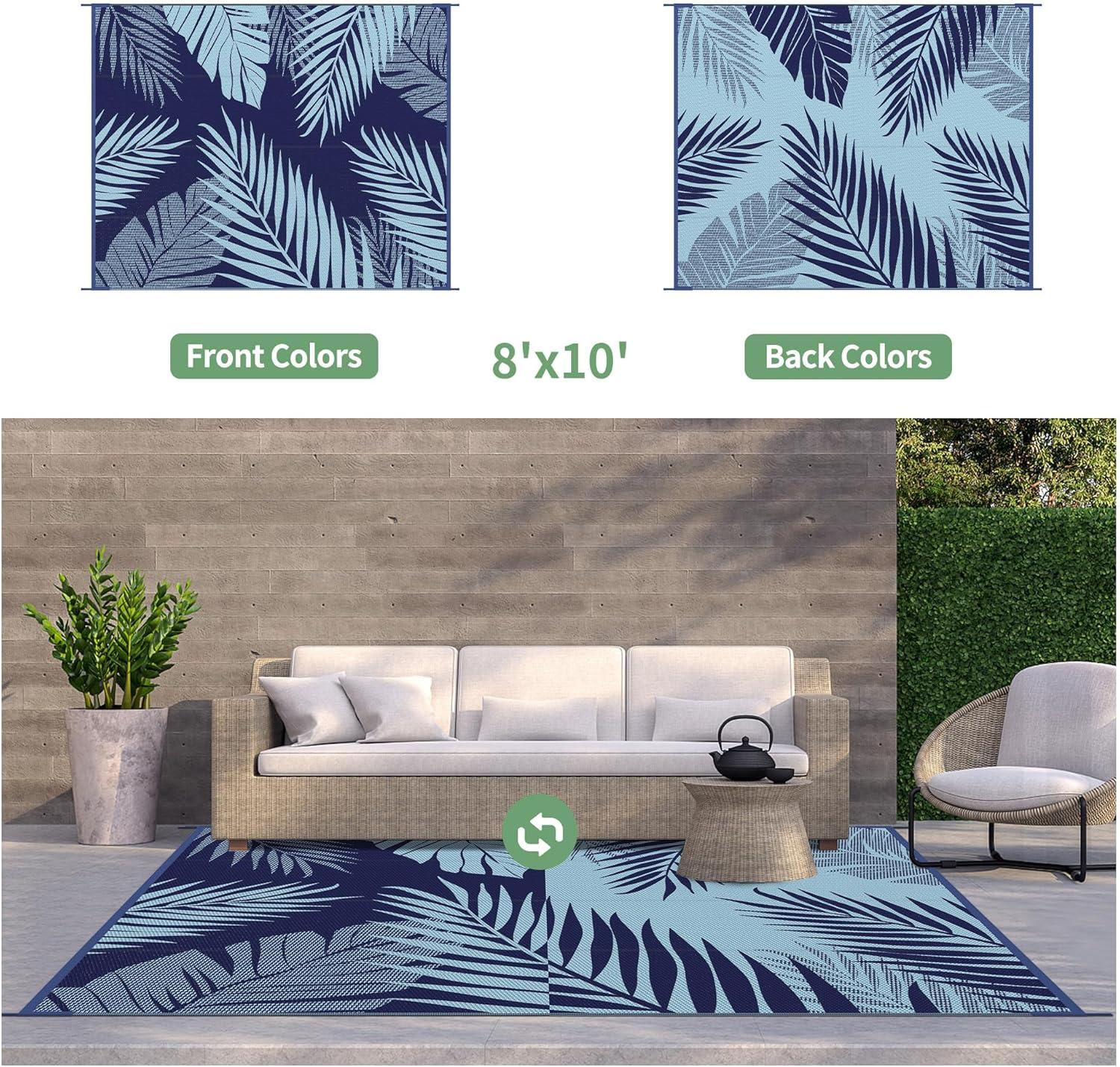 imageGENIMO Outdoor Rug 5 x 8 Waterproof for Patios Clearance Reversible Plastic Straw Camping Carpet Large Area Rugs Mats for RV Picnic Backyard Deck Balcony Porch Beach GreyampampWhiteNavy Blue Baby Blue Waterproof