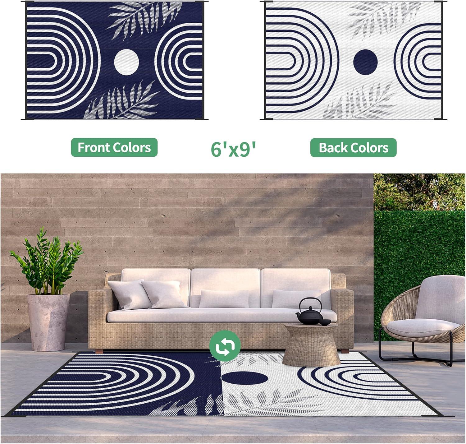 imageGENIMO Outdoor Rug 5 x 8 Waterproof for Patios Clearance Reversible Plastic Straw Camping Carpet Large Area Rugs Mats for RV Picnic Backyard Deck Balcony Porch Beach GreyampampWhiteMixblue White