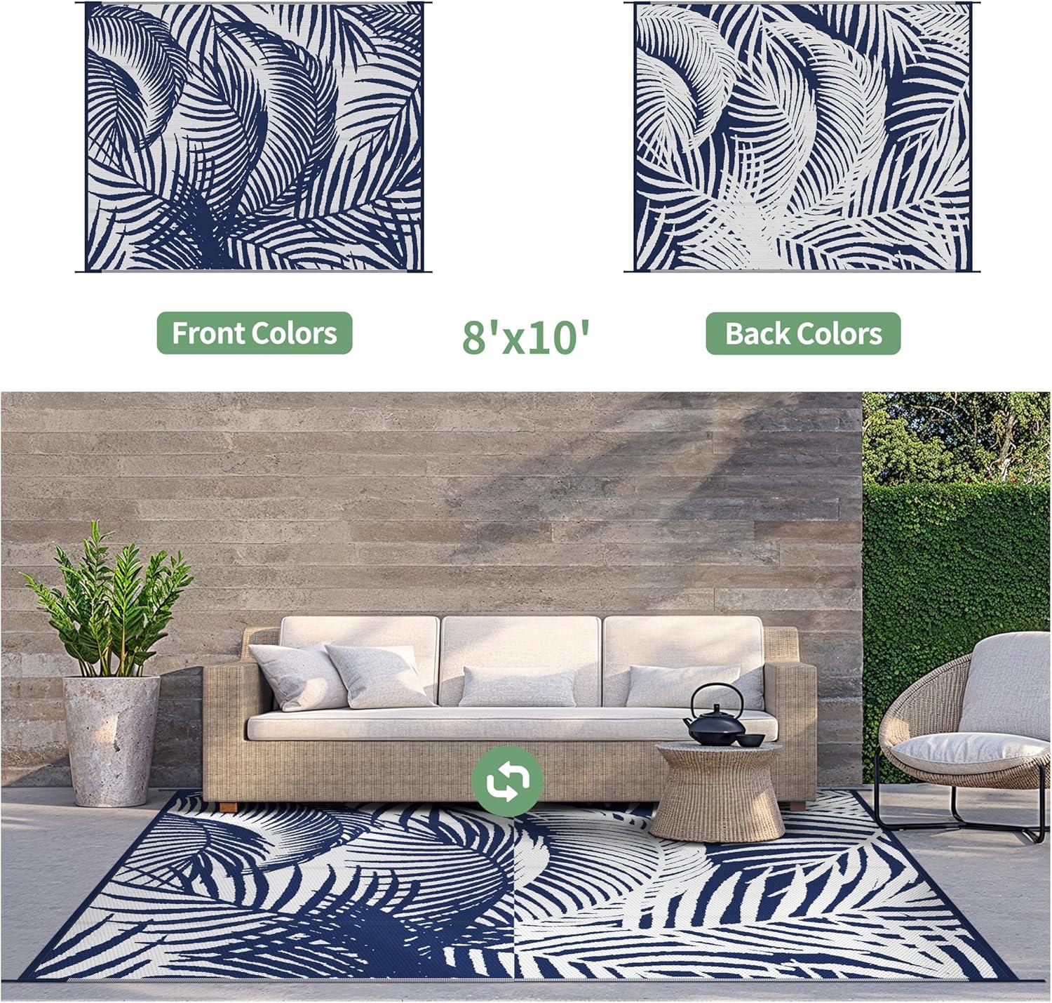 imageGENIMO Outdoor Rug 5 x 8 Waterproof for Patios Clearance Reversible Plastic Straw Camping Carpet Large Area Rugs Mats for RV Picnic Backyard Deck Balcony Porch Beach GreyampampWhiteAblue White